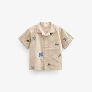 Embroidered Short Sleeve Cotton Shirt - Tween - Light Beige | 101096 Erik