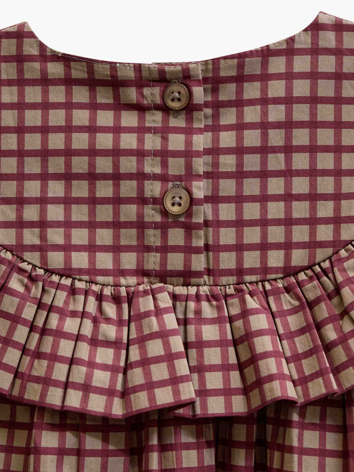 Ruffle Yoke Poplin Dress - Kids - Bordeaux Check | 101440 Julia