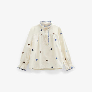 Heart Embroidered Cotton Blouse - Kids - Blue/Brown | 101455 Elina