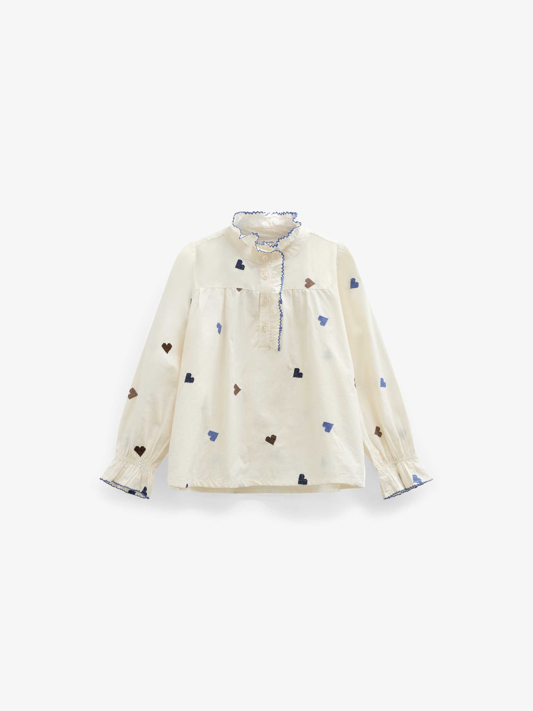 Heart Embroidered Cotton Blouse - Tween - Blue/Brown | 101456 Elina