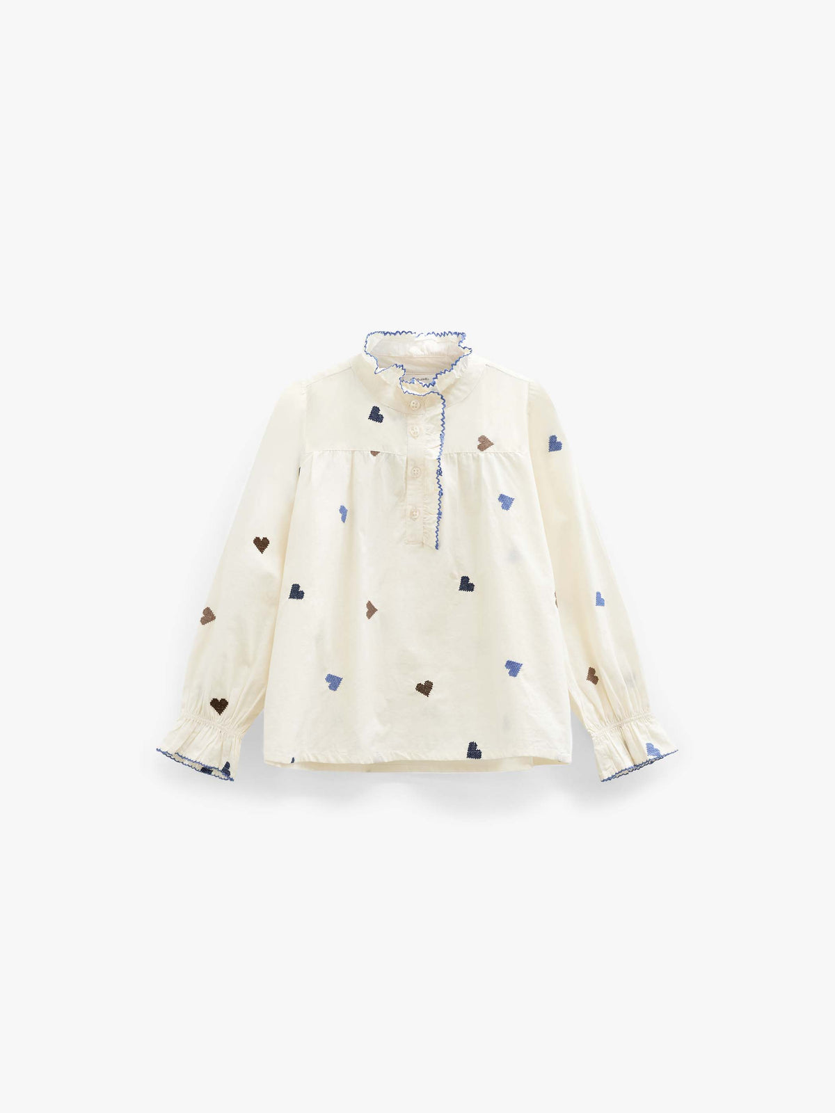 Heart Embroidered Cotton Blouse - Tween - Blue/Brown | 101456 Elina