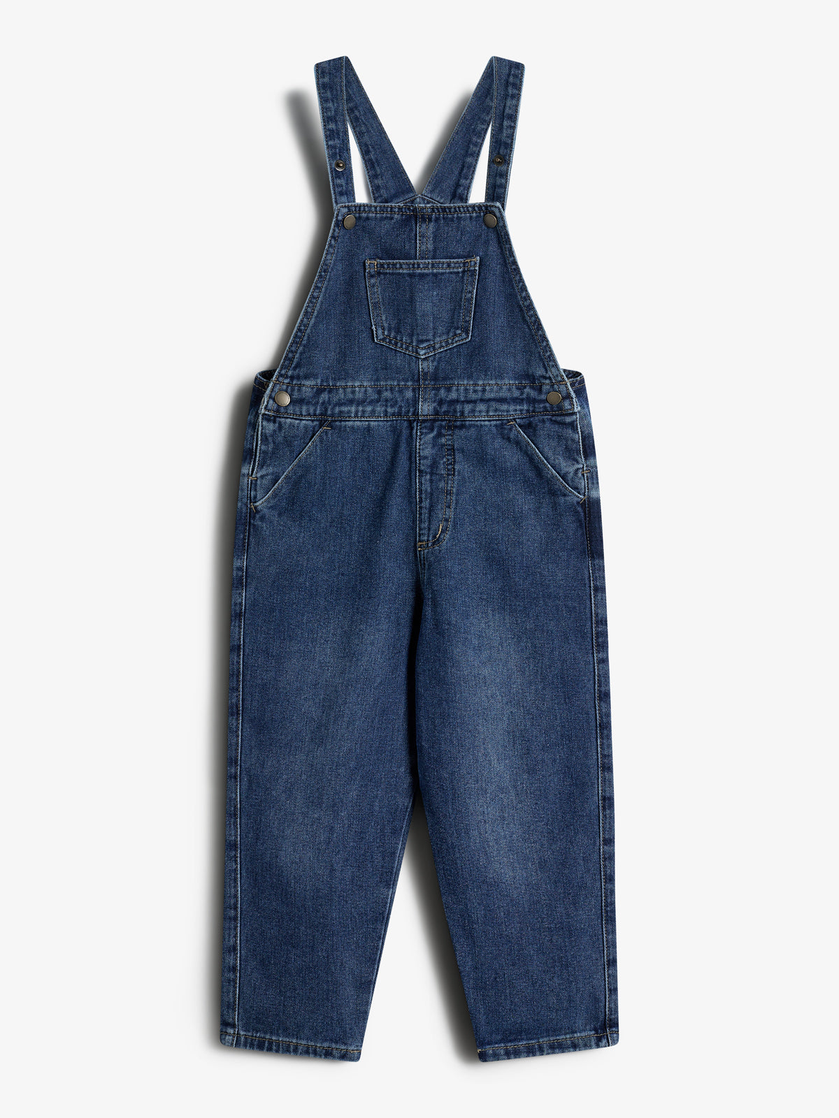 Denim overalls lay flat, featuring adjustable shoulder straps and a front pocket, with straight legs. They are set against a plain white background.