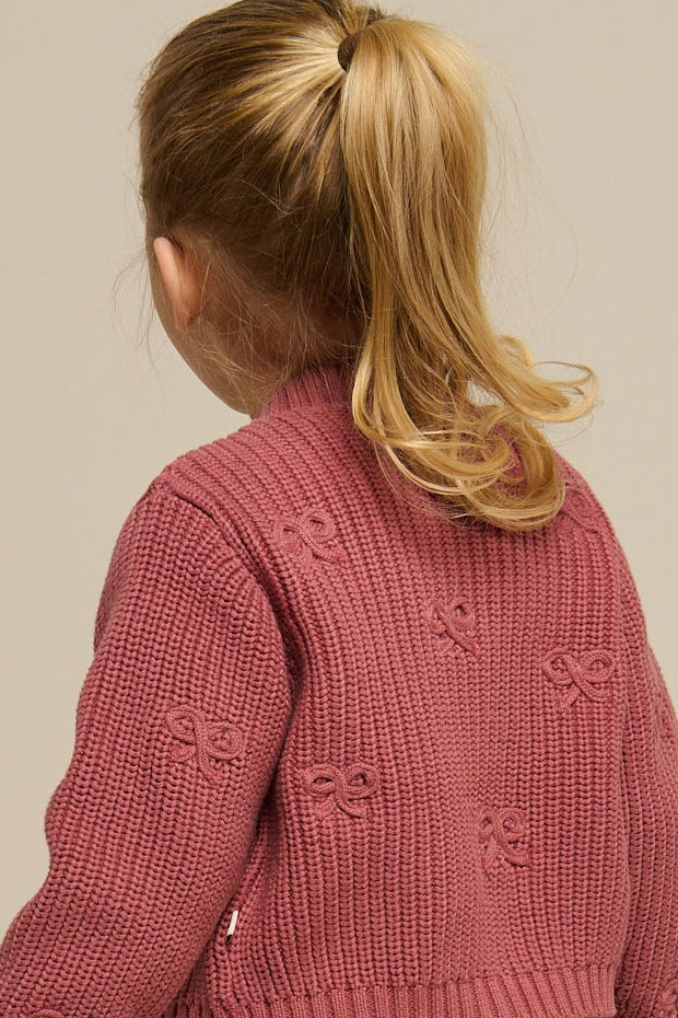 Cotton Knit Cardigan with Bows - Kids - Old Rose | 100792 Freya