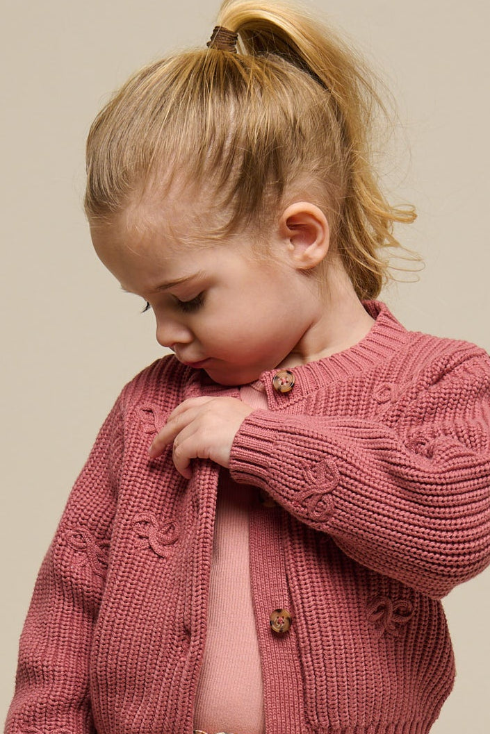 Cotton Knit Cardigan with Bows - Kids - Old Rose | 100792 Freya