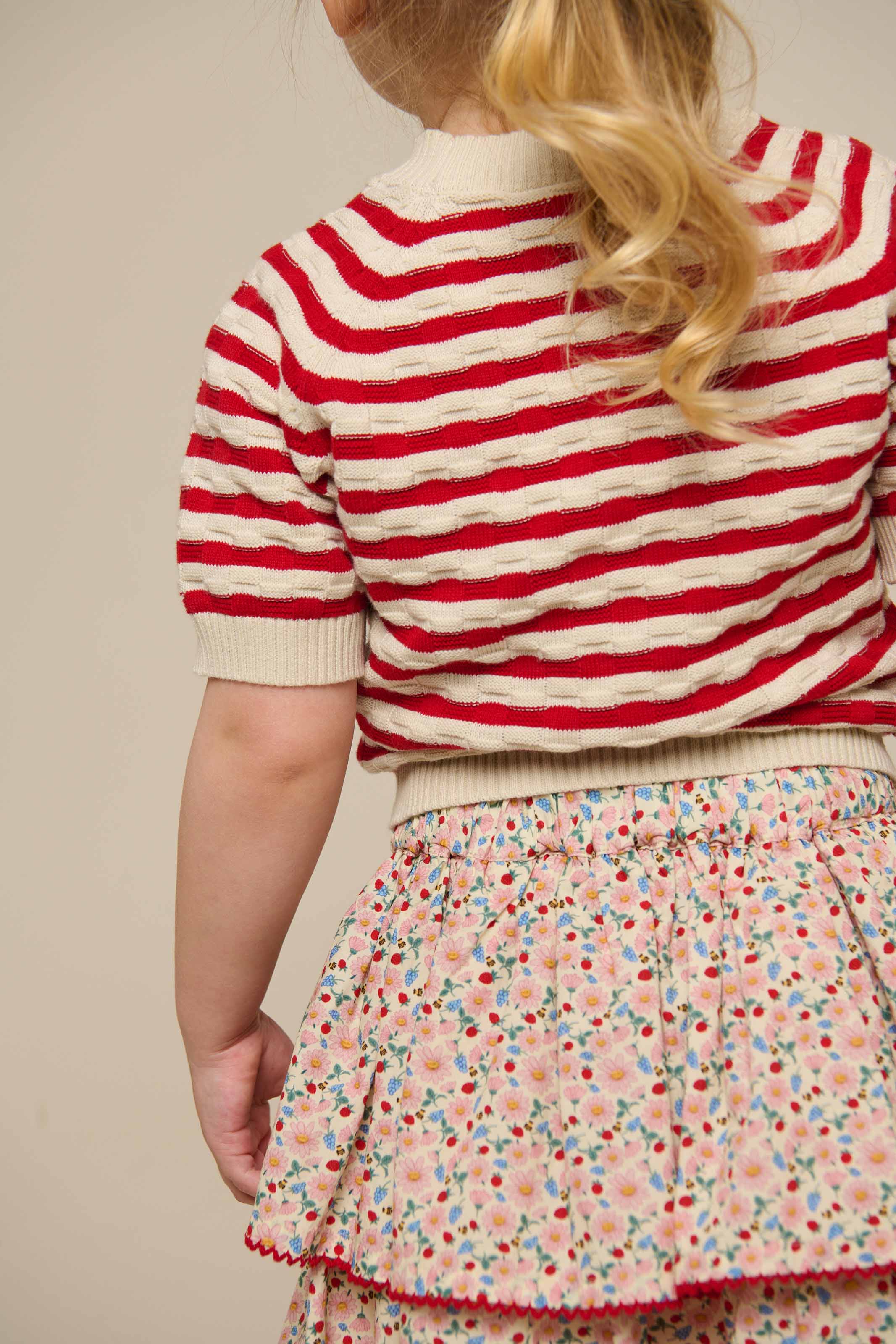 Striped Short Sleeve Cotton Knit - Kids - Cherry Red Stripe | 101239 Martha