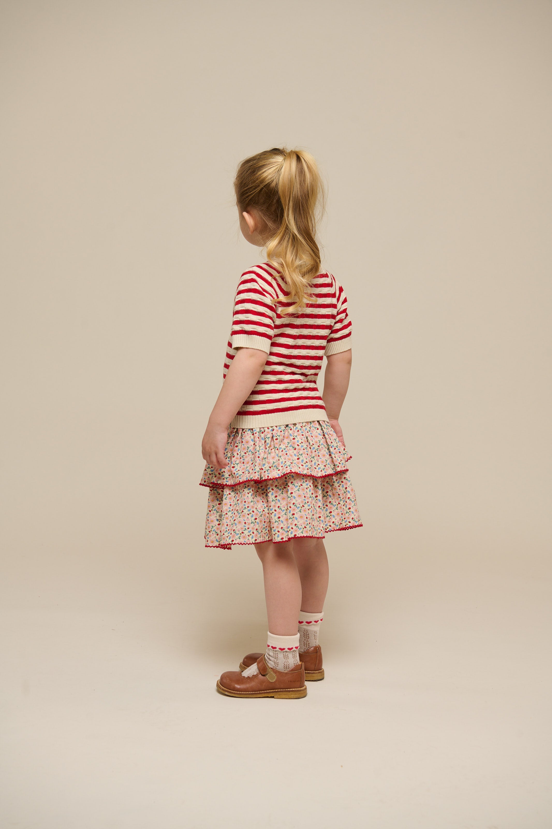 Striped Short Sleeve Cotton Knit - Kids - Cherry Red Stripe | 101239 Martha