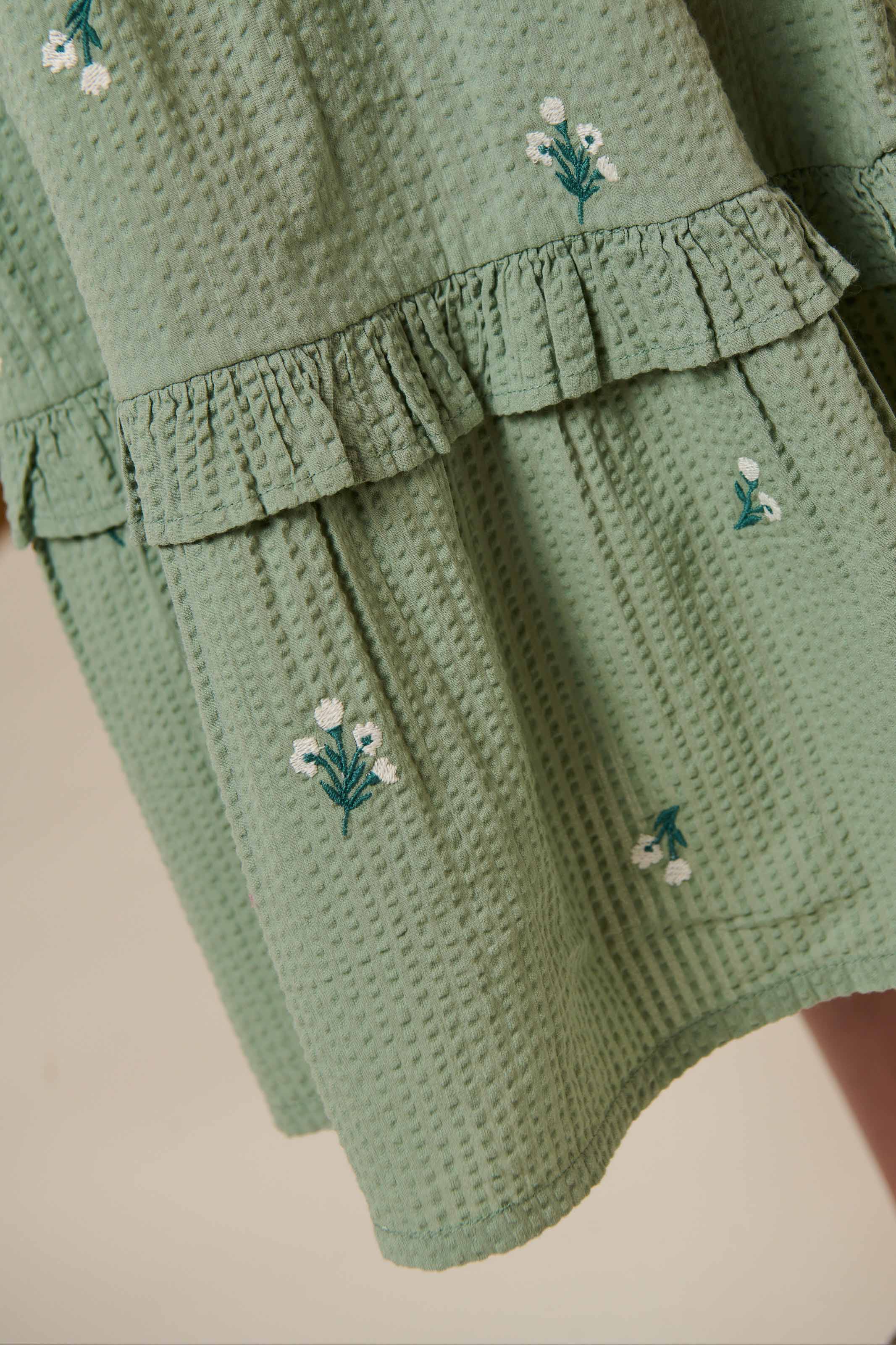 Embroidered Seersucker Dress - Kids - Dusty Green | 100976 Nora