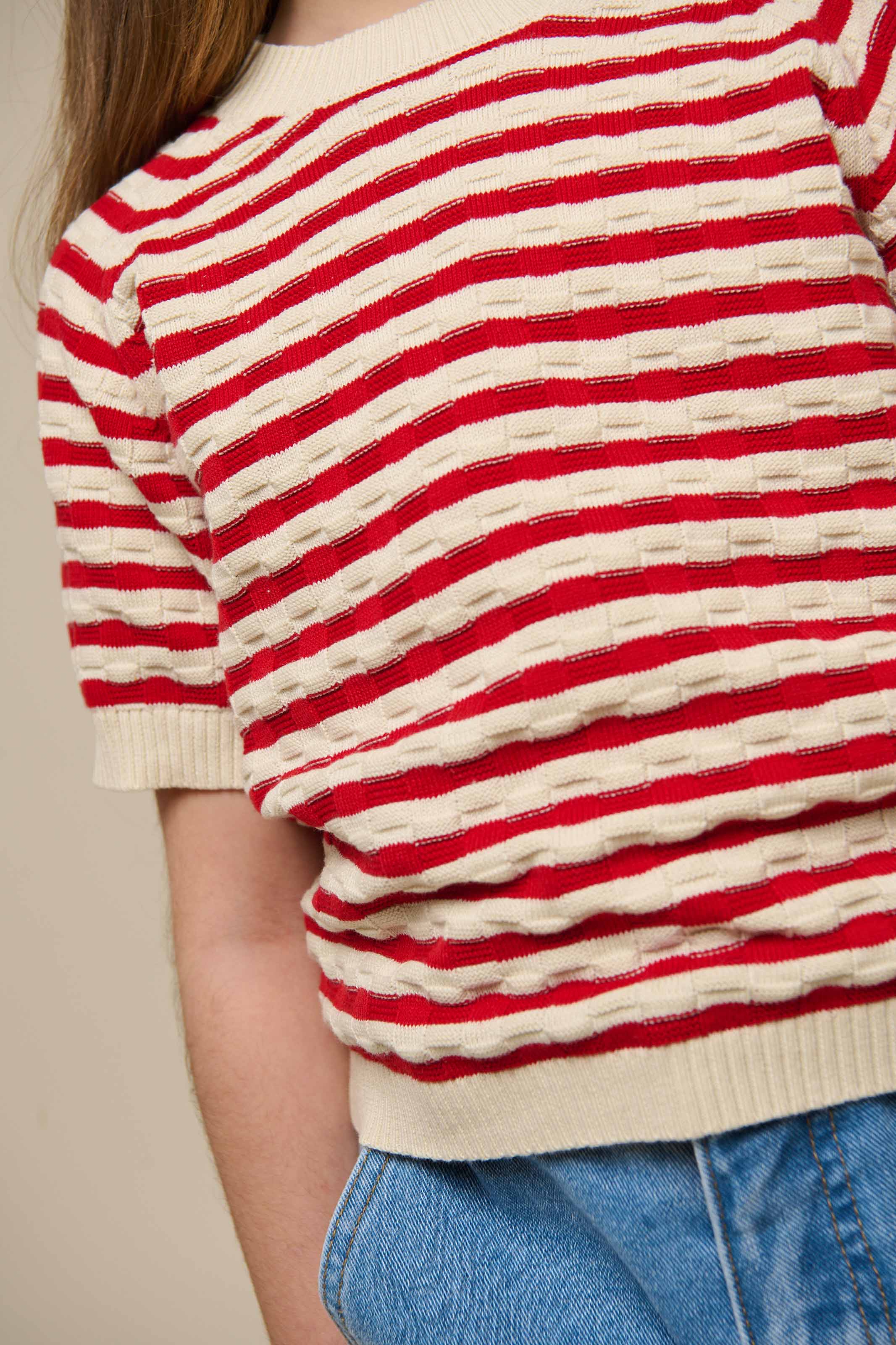 Striped Short Sleeve Cotton Knit - Tween - Cherry Red Stripe | 101240 Martha