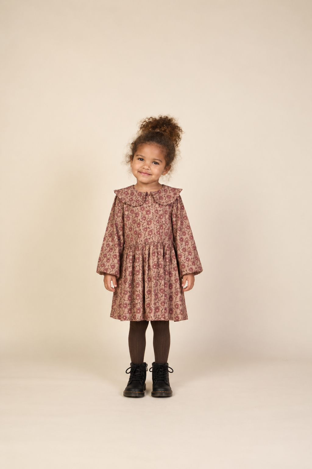 Floral Cotton Dress with Collar - Kids - Rose/Bordeaux | 101425 Nova