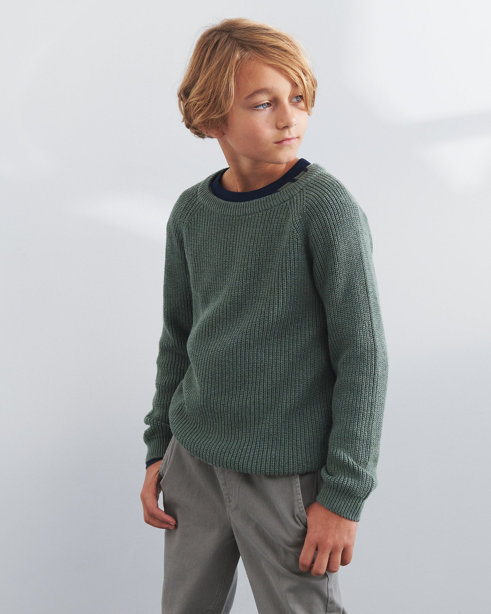 Cotton Knit Sweater - Tween - Green Melange