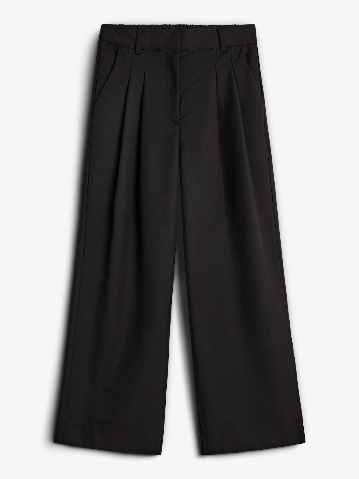 Black wide-leg trousers are displayed, laying flat with pleats at the waist. The simple white background emphasizes the tailored style and clean lines of the garments.