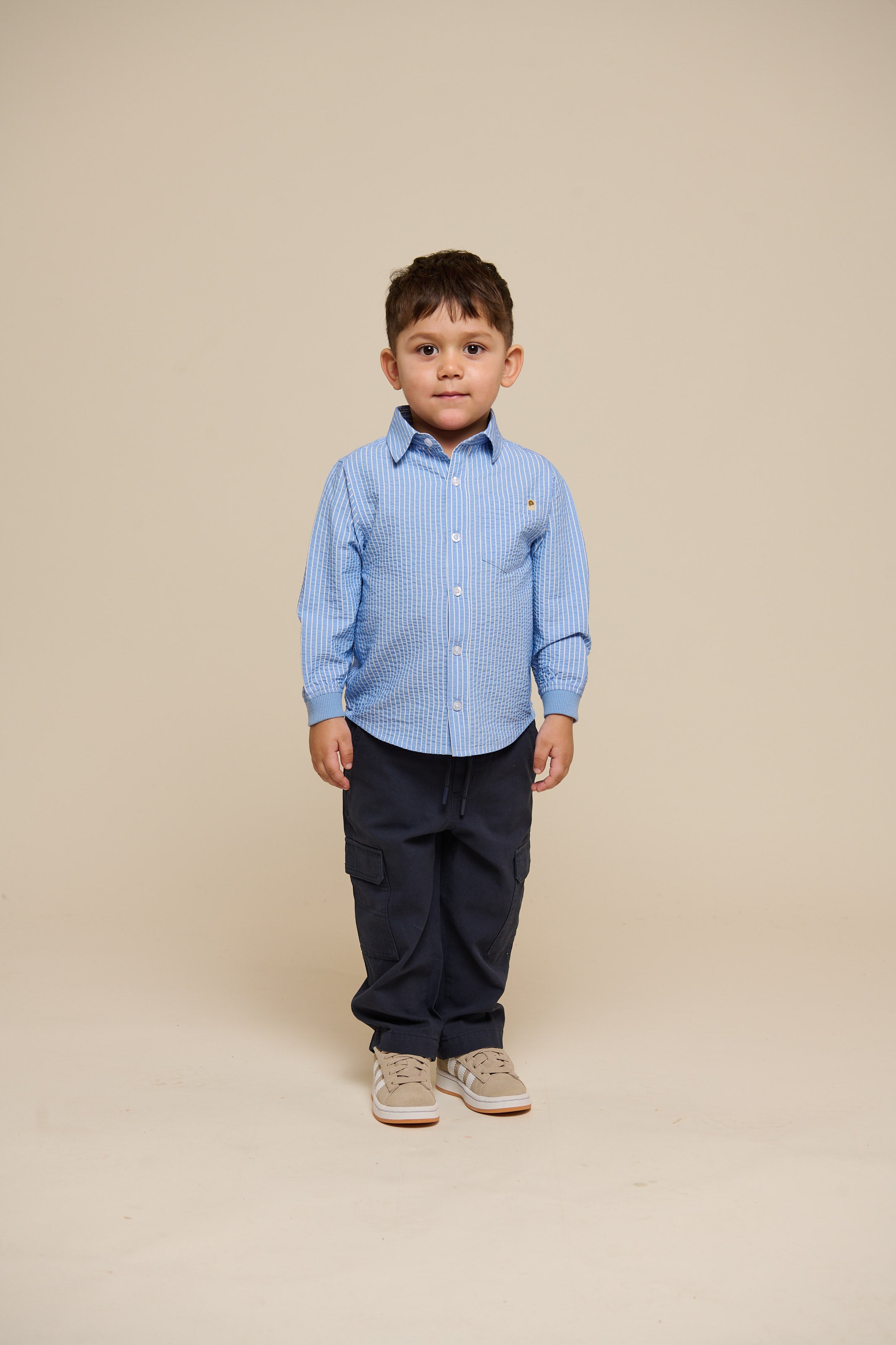 Striped Seersucker Shirt with Rib Cuff - Kids - Blue Stripe | 101348 Patrick