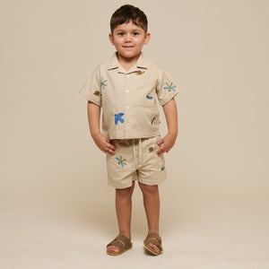 Embroidered Short Sleeve Cotton Shirt - Kids - Light Beige | 101061 Erik
