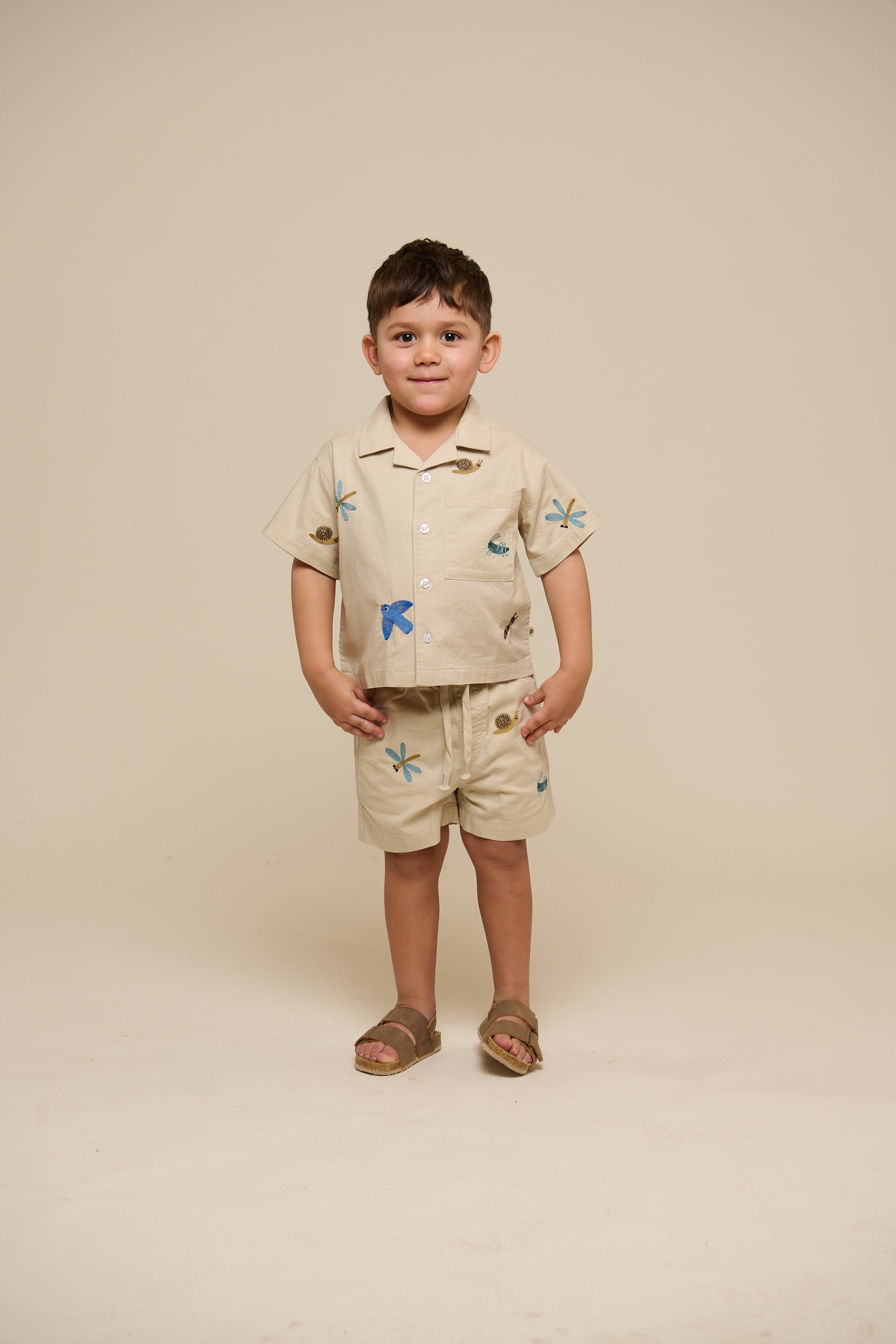 Embroidered Short Sleeve Cotton Shirt - Kids - Light Beige | 101061 Erik