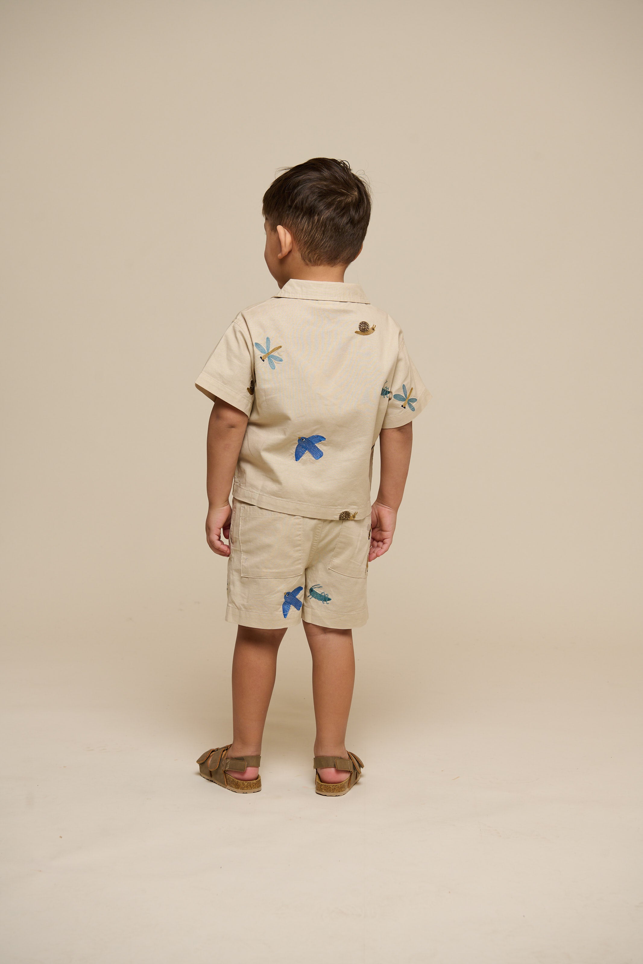 Embroidered Short Sleeve Cotton Shirt - Kids - Light Beige | 101061 Erik