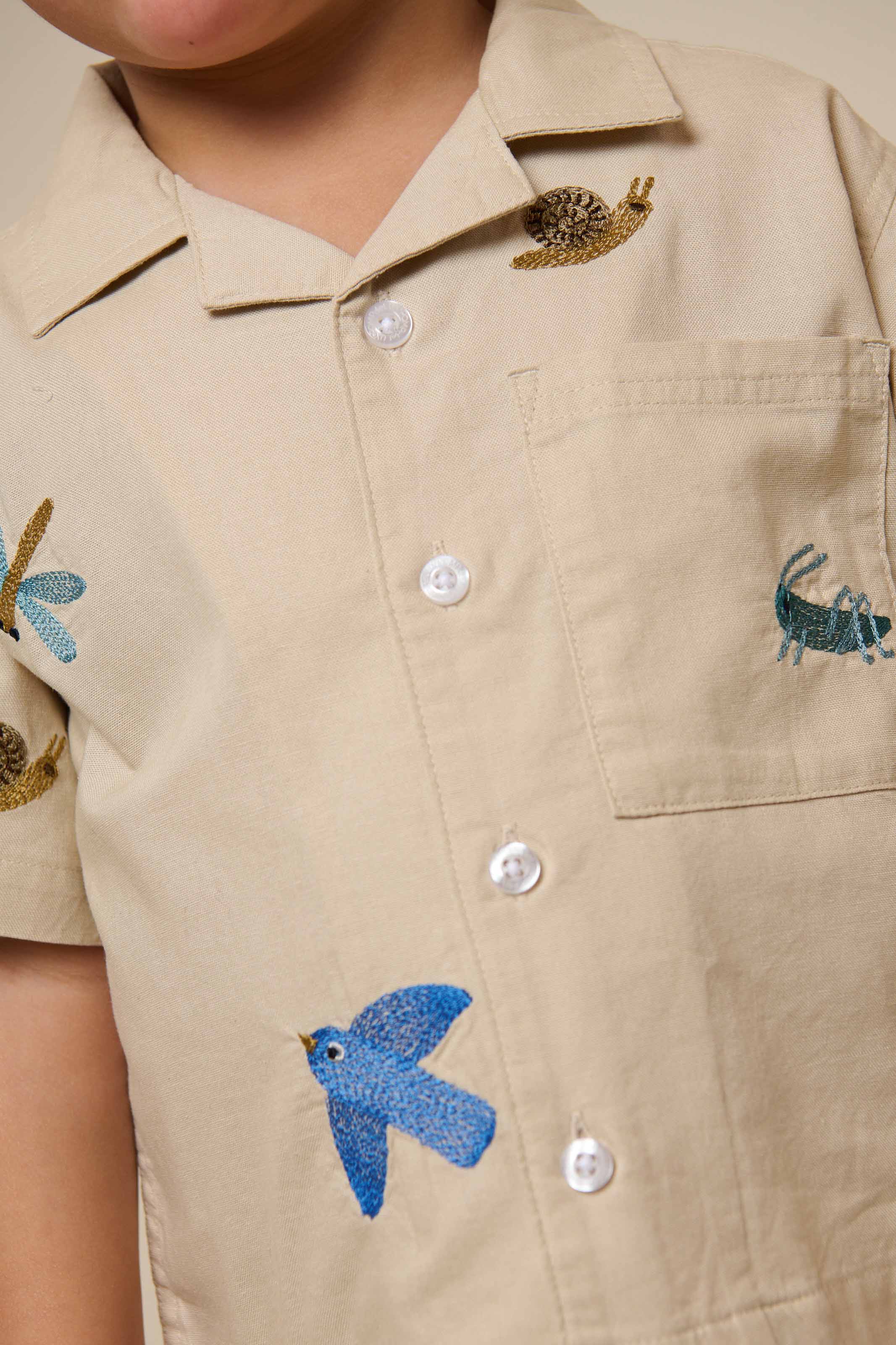 Embroidered Short Sleeve Cotton Shirt - Kids - Light Beige | 101061 Erik