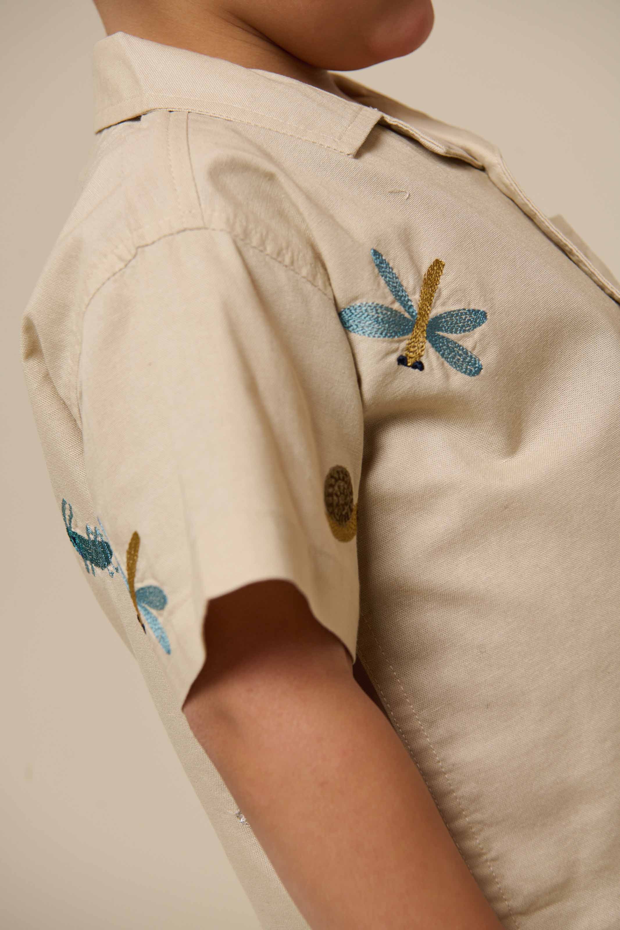 Embroidered Short Sleeve Cotton Shirt - Kids - Light Beige | 101061 Erik