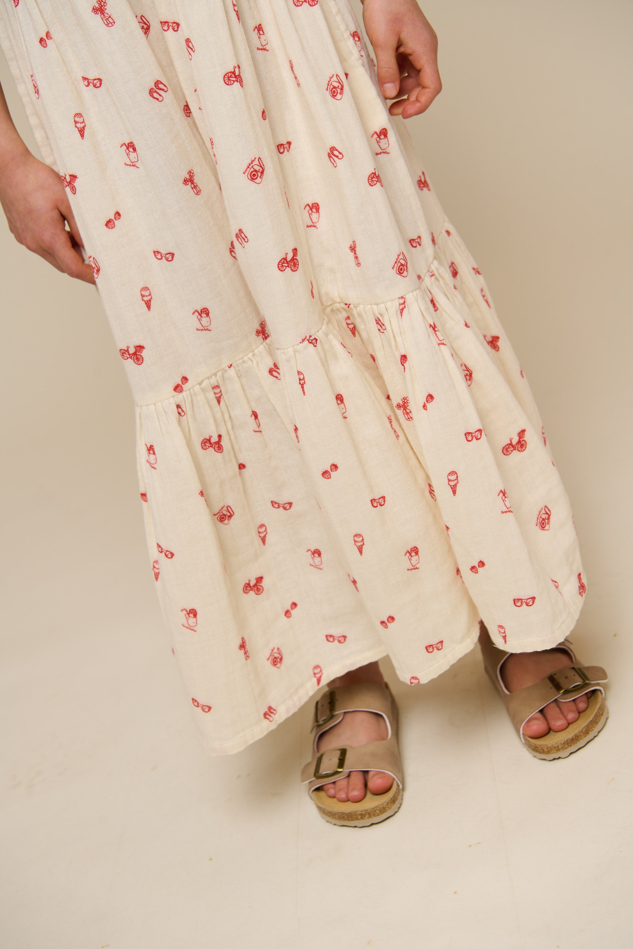 Printed Gauze Midi Strap Dress - Tween - Offwhite/Cherry Red | 100974 Fiona