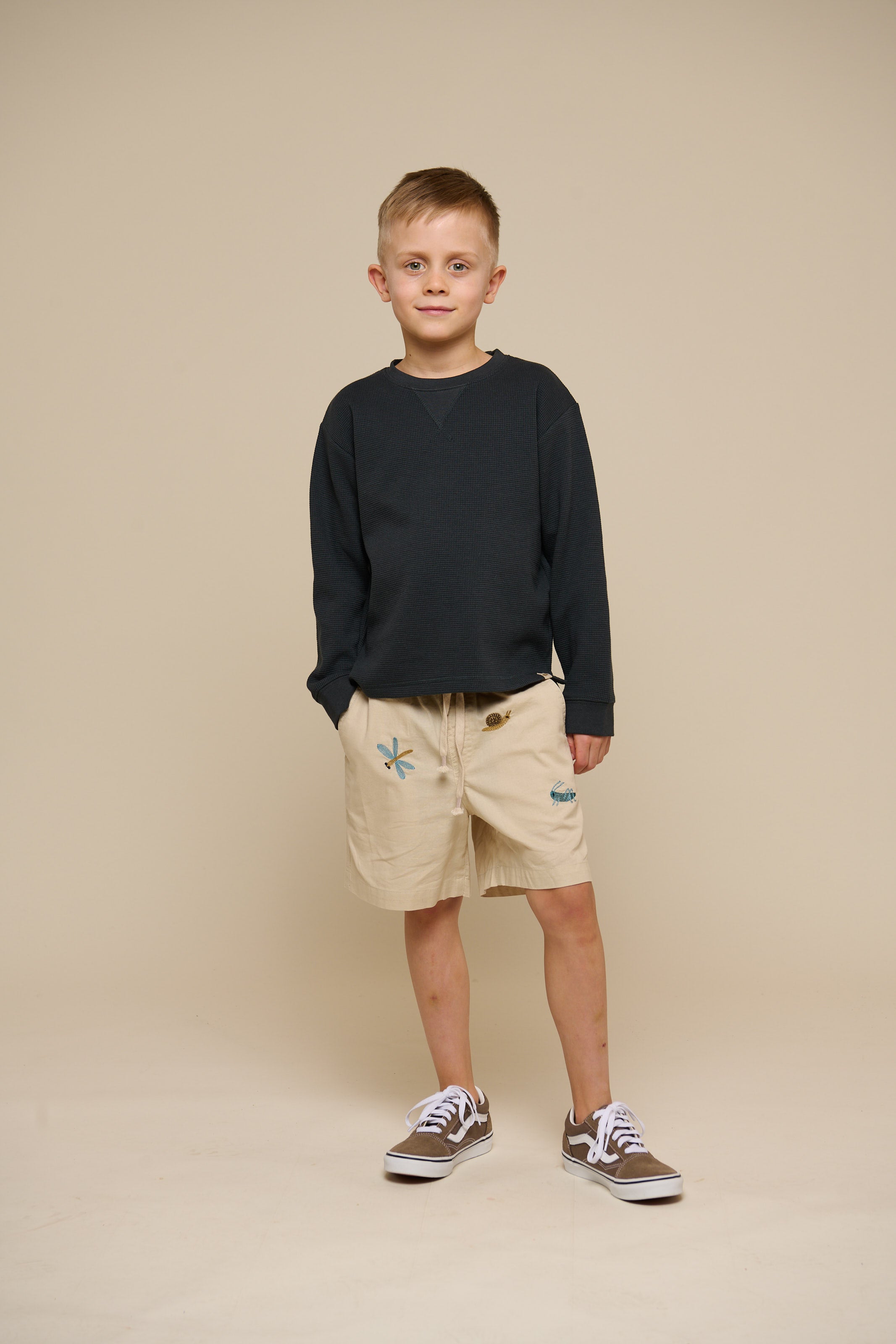 Embroidered Cotton Shorts - Tween - Light Beige | 101098 Erik