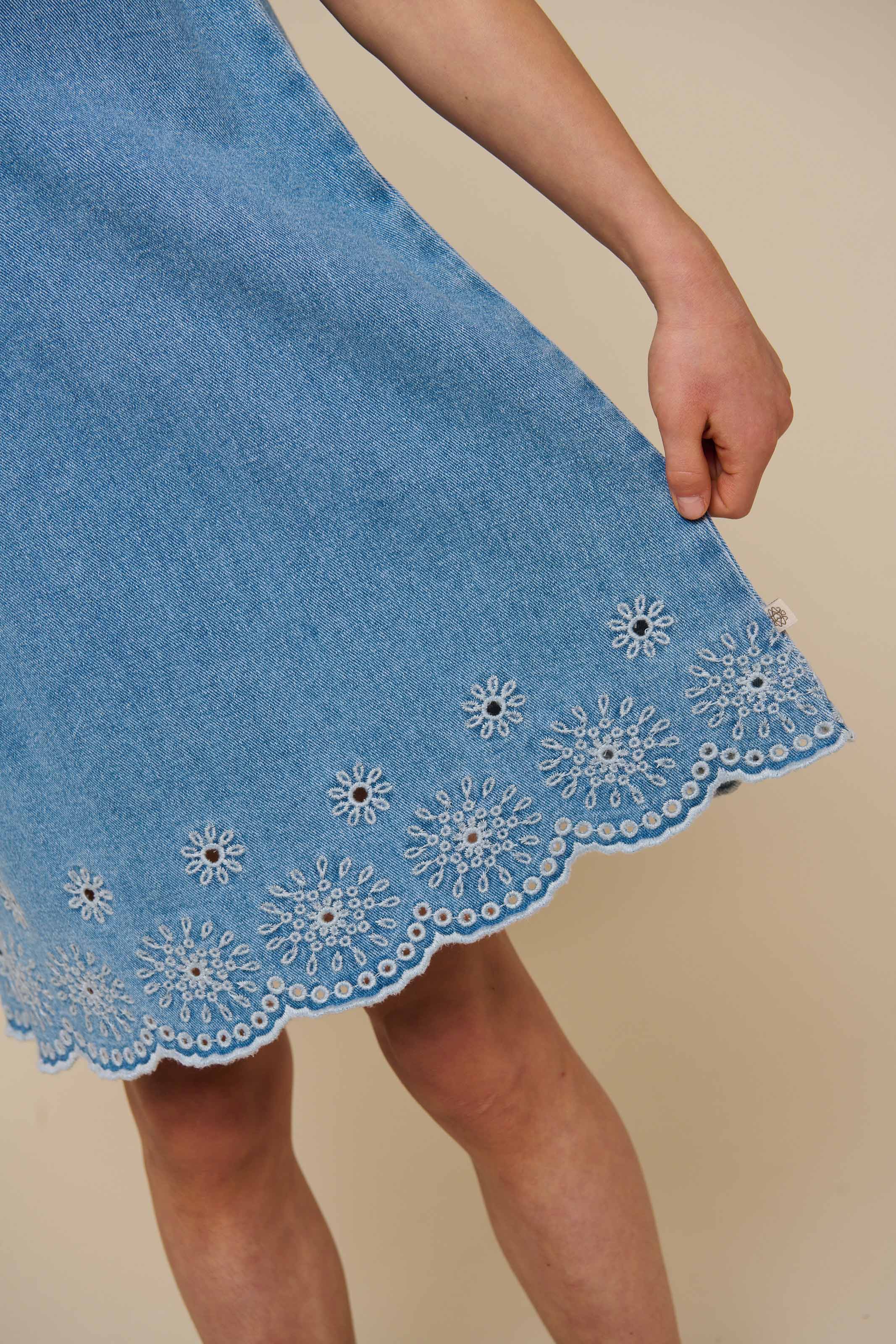 Embroidered Denim Mini Dress - Tween - Light Blue Denim | 101019 Vera