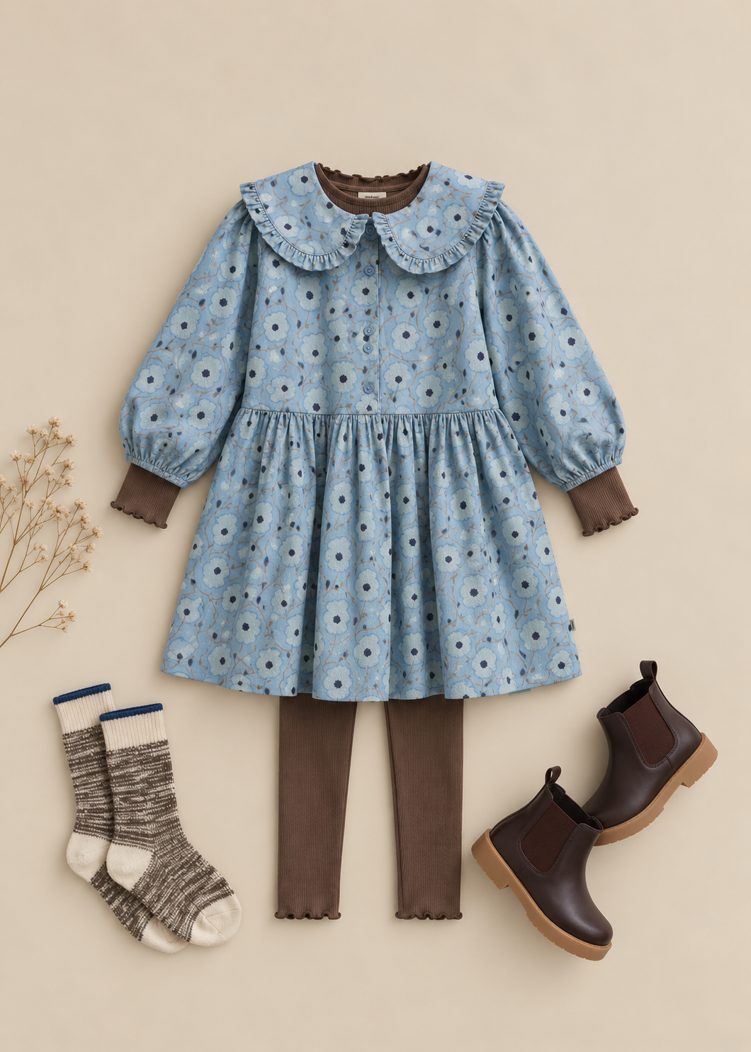 Floral Cotton Dress with Collar - Kids - Blue/Brown | 101427 Nova