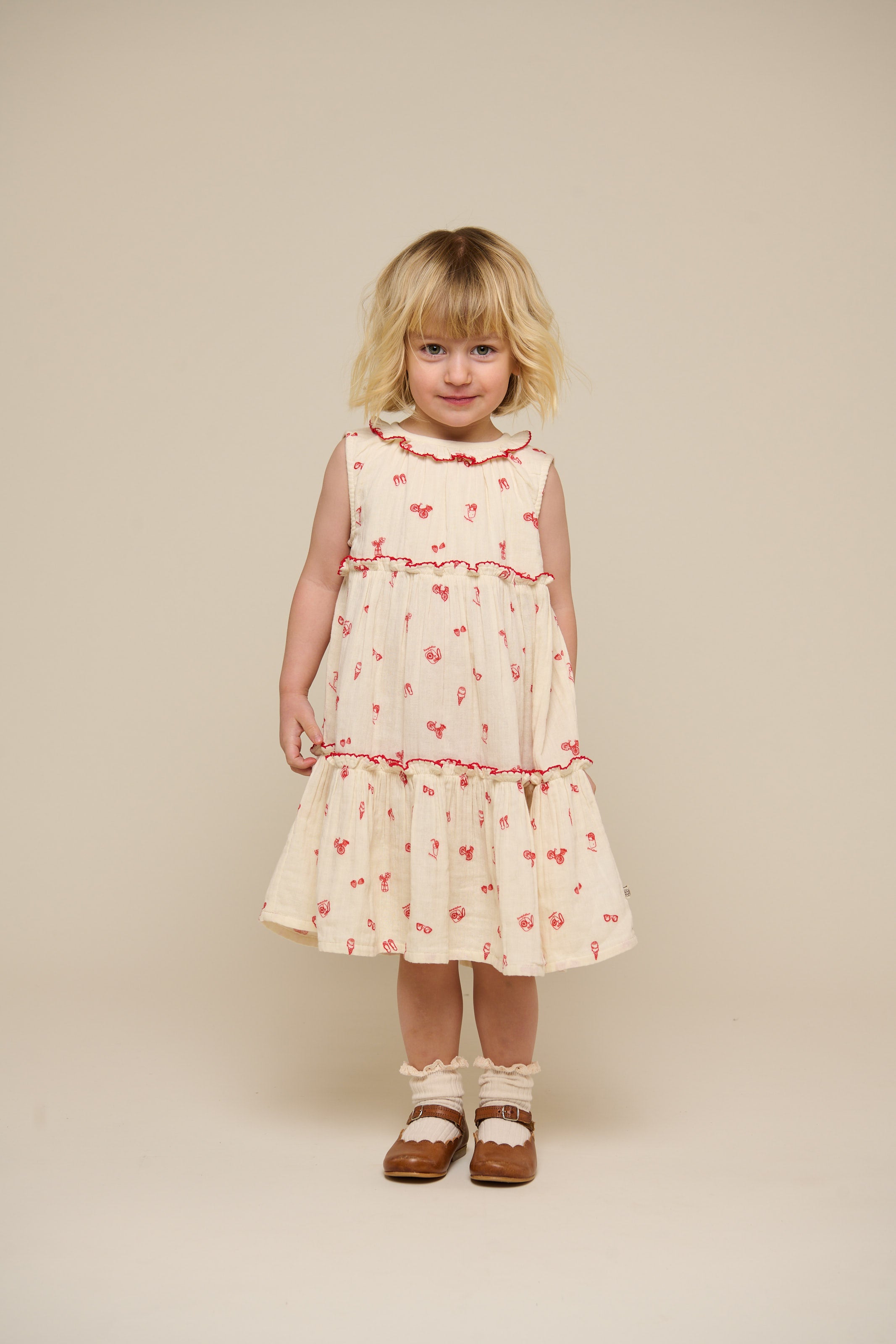 Printed Gauze Dress with Collar - Kids - Offwhite/Cherry Red | 100975 Fiona