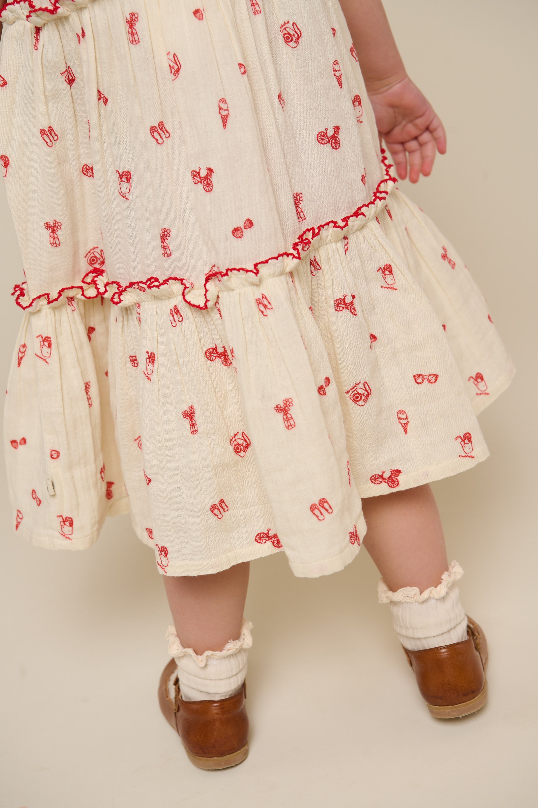 Printed Gauze Dress with Collar - Kids - Offwhite/Cherry Red | 100975 Fiona