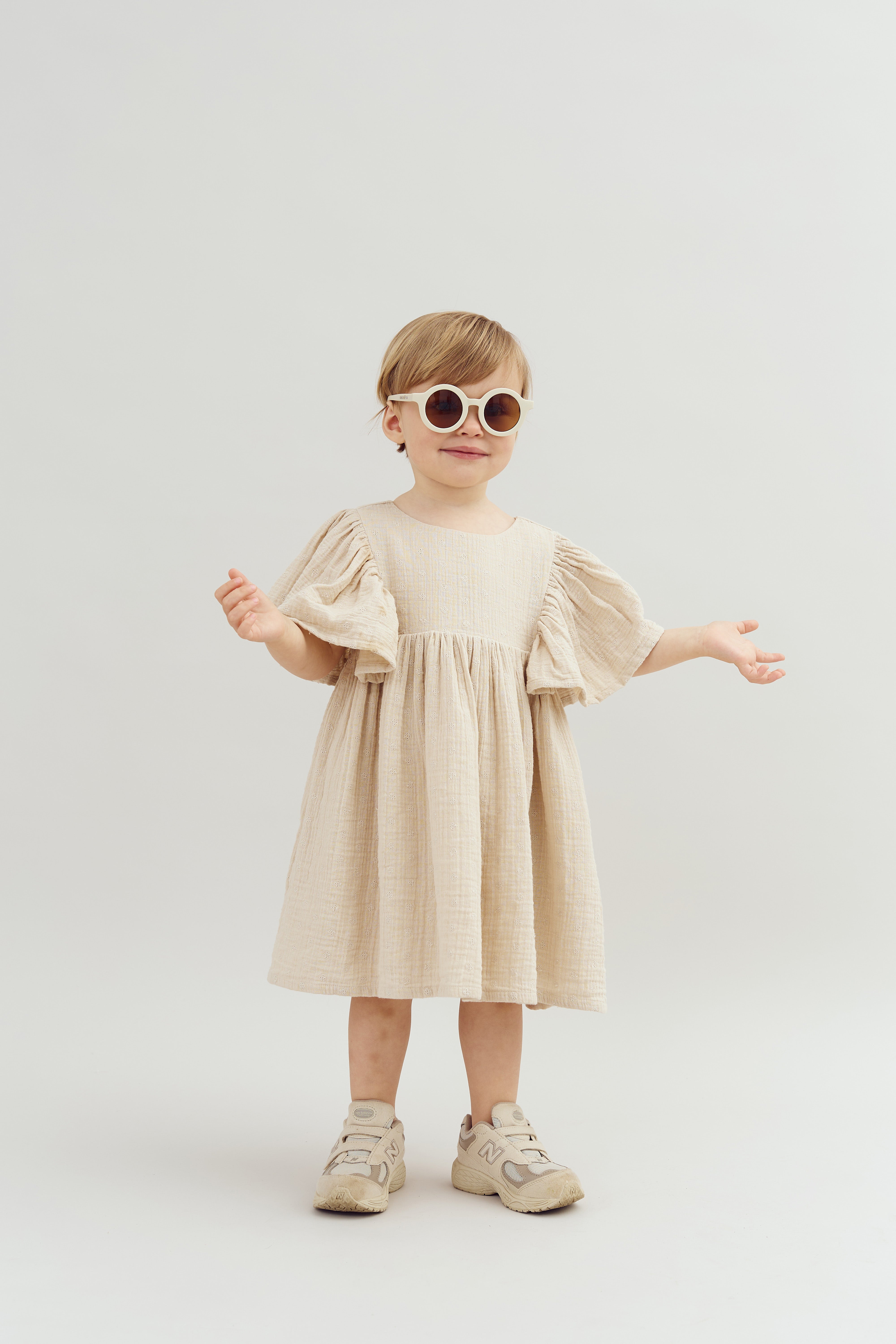 Muslin Butterfly-sleeve Dress with Embroidery - Light Beige | 100243 Ella
