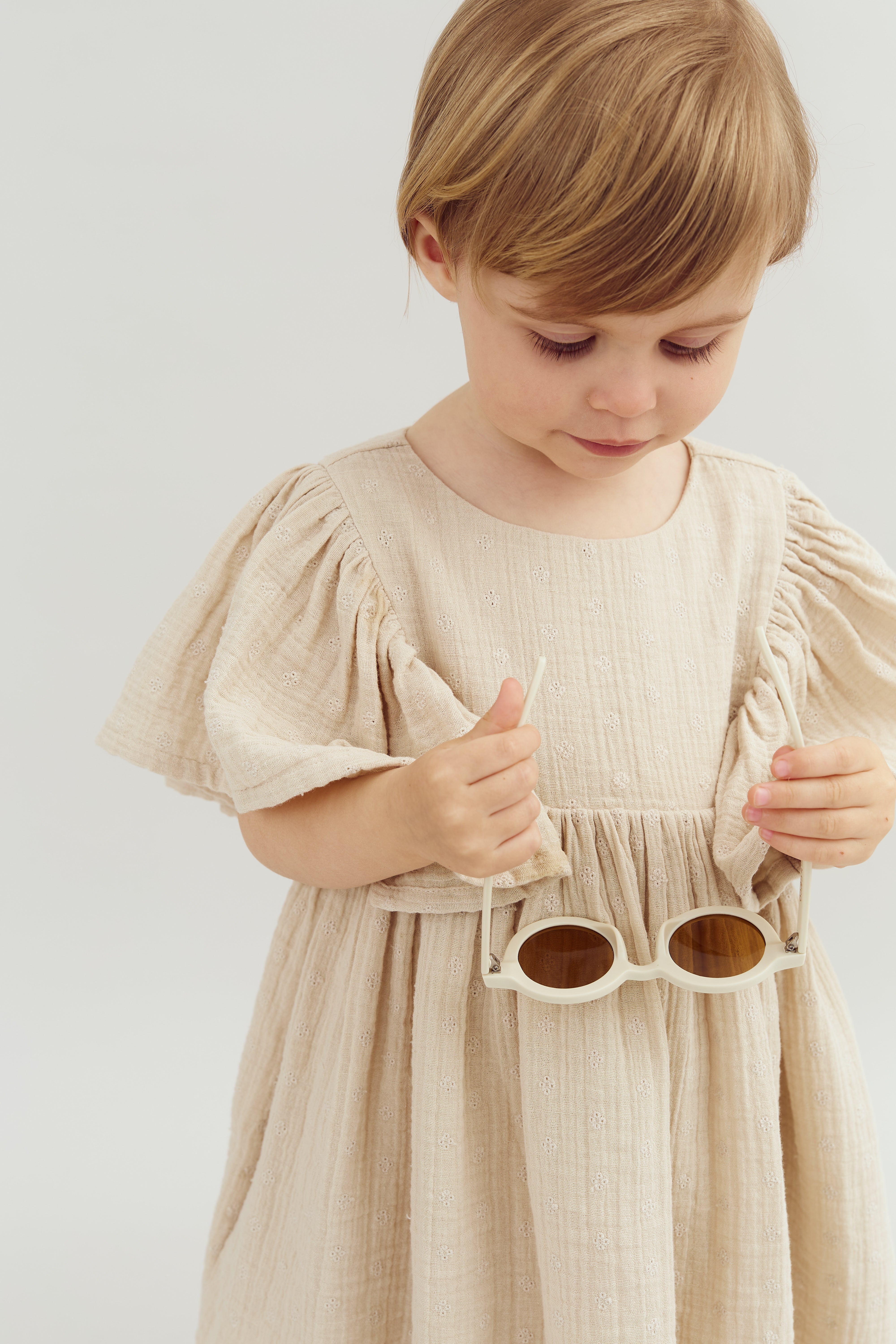 Muslin Butterfly-sleeve Dress with Embroidery - Light Beige | 100243 Ella