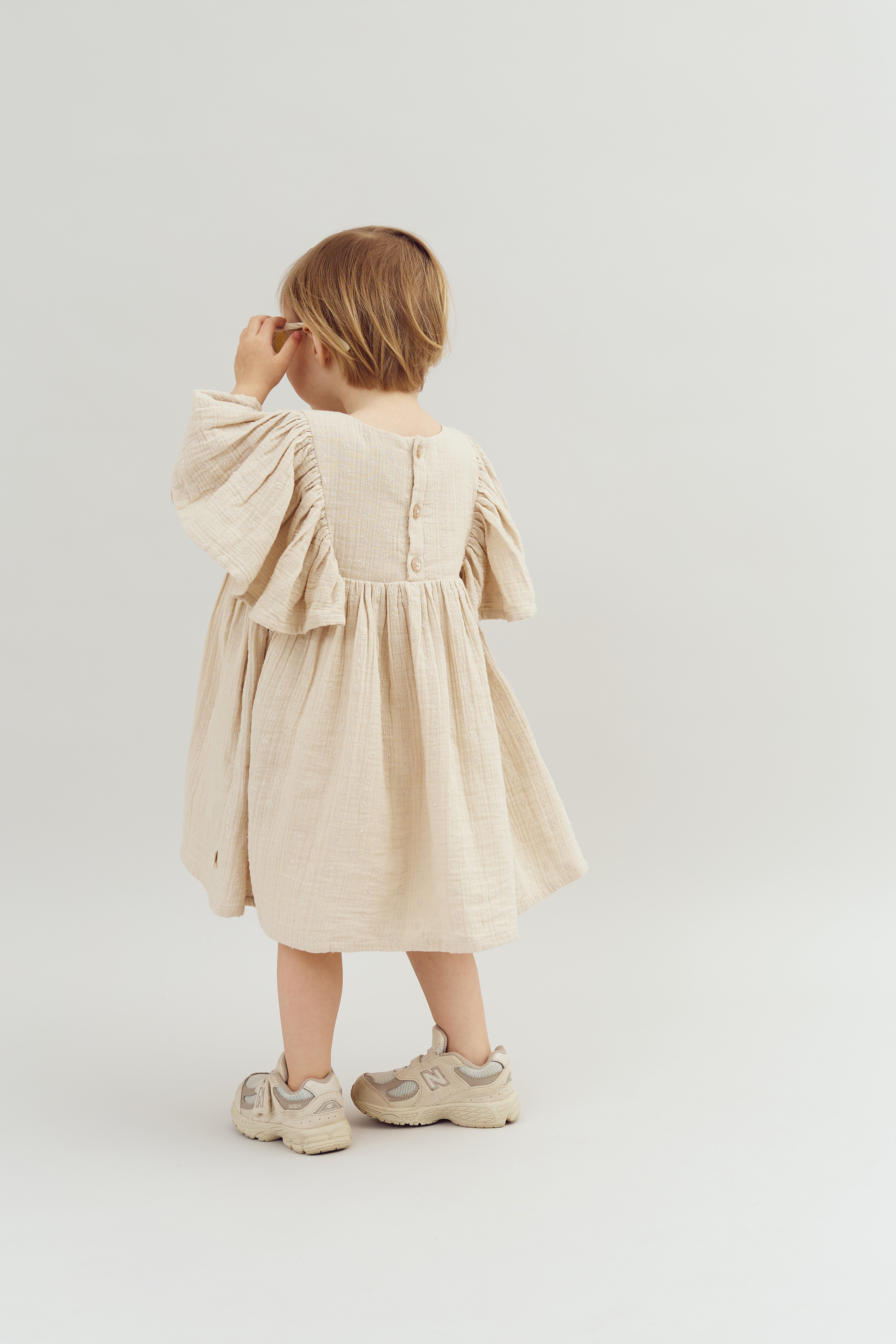 Muslin Butterfly-sleeve Dress with Embroidery - Light Beige | 100243 Ella