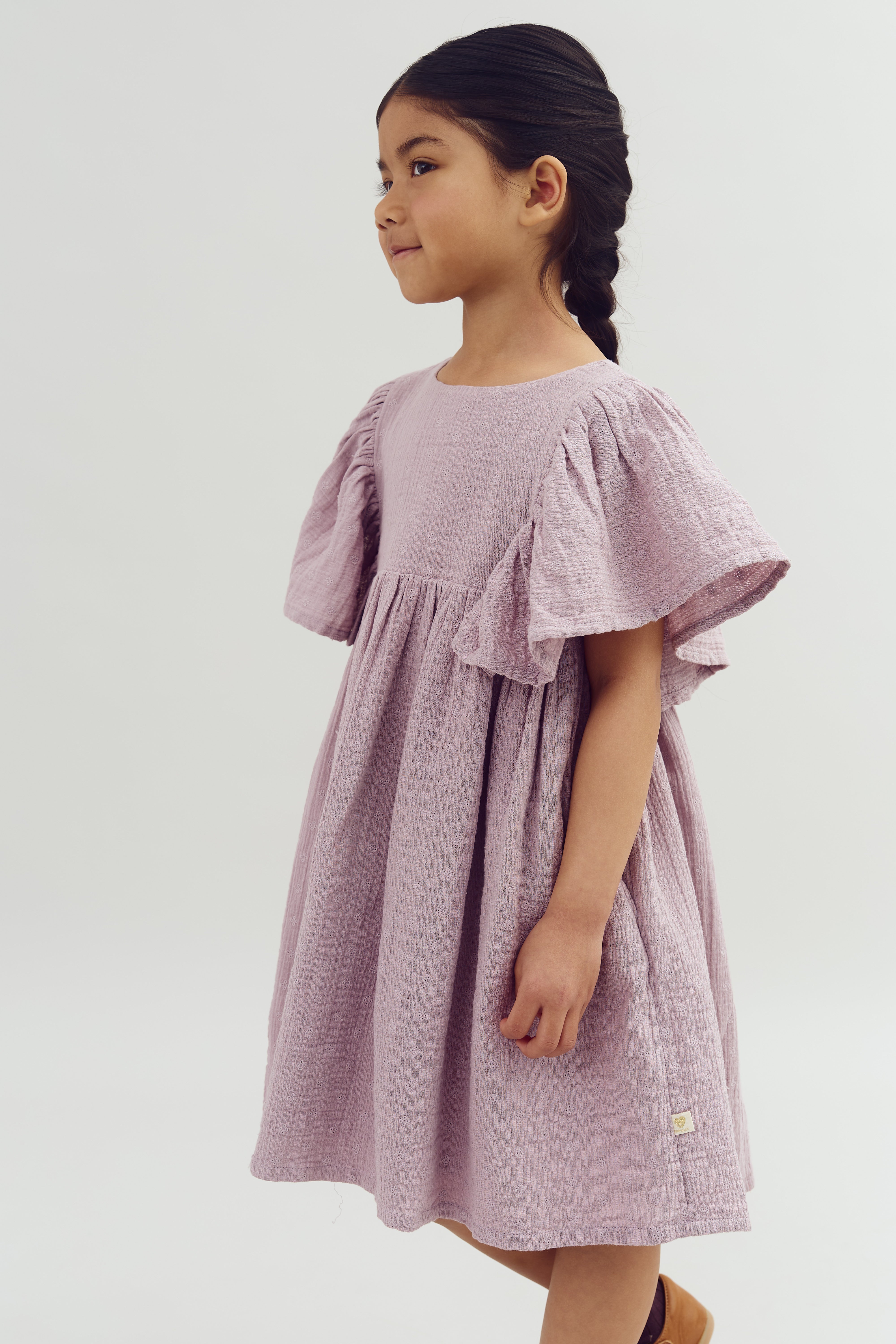 Muslin Butterfly-sleeve Dress with Embroidery - Purple | 100244 Ella
