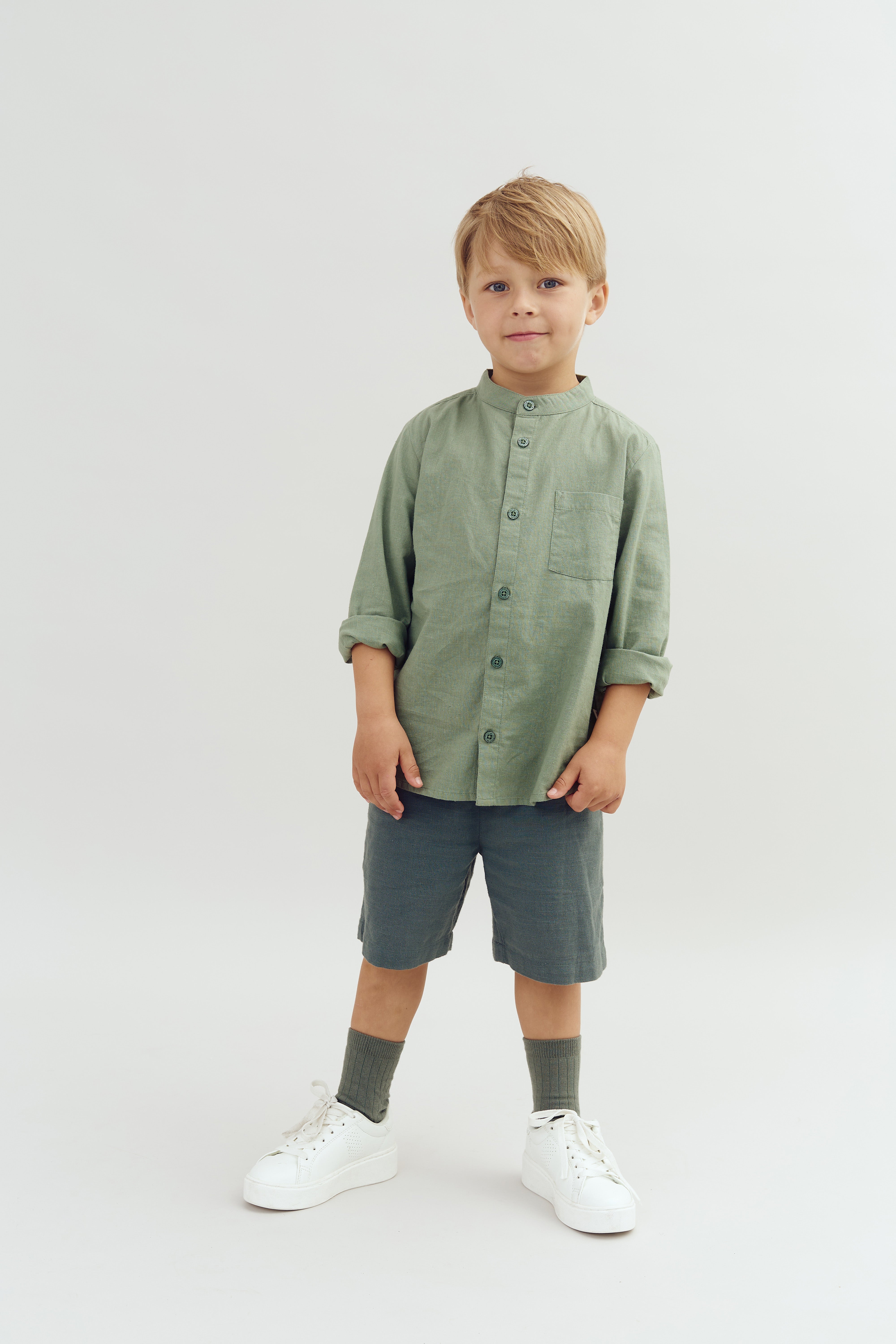 Linen Mandarin shirt - Green | 100175 Pelle