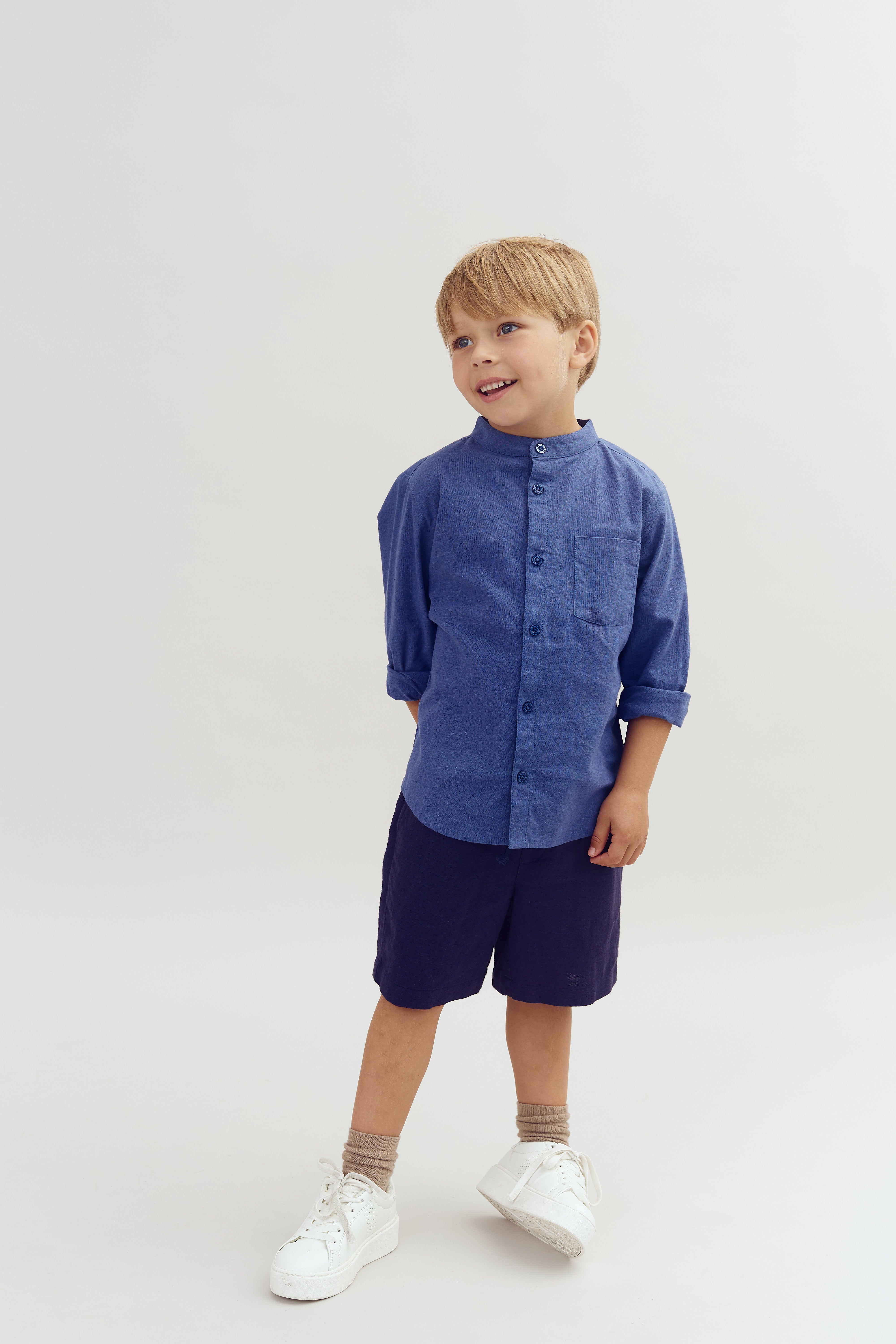 Linen Mandarin shirt - Dusty Cobalt | 100174 Pelle