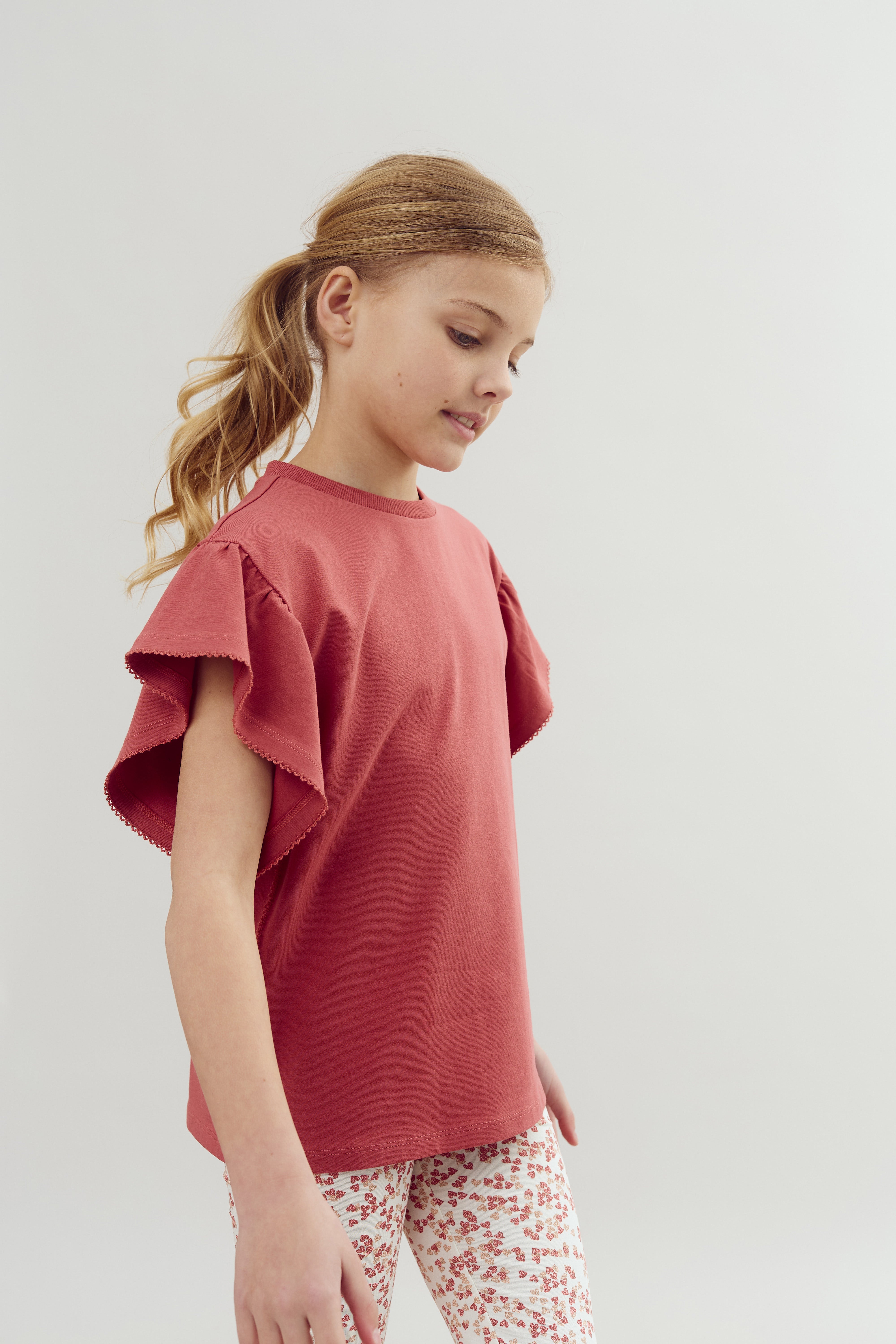 Ruffle Sleeve T-Shirt w. Picot stitch - Tween - Blush | 100384 Vilde
