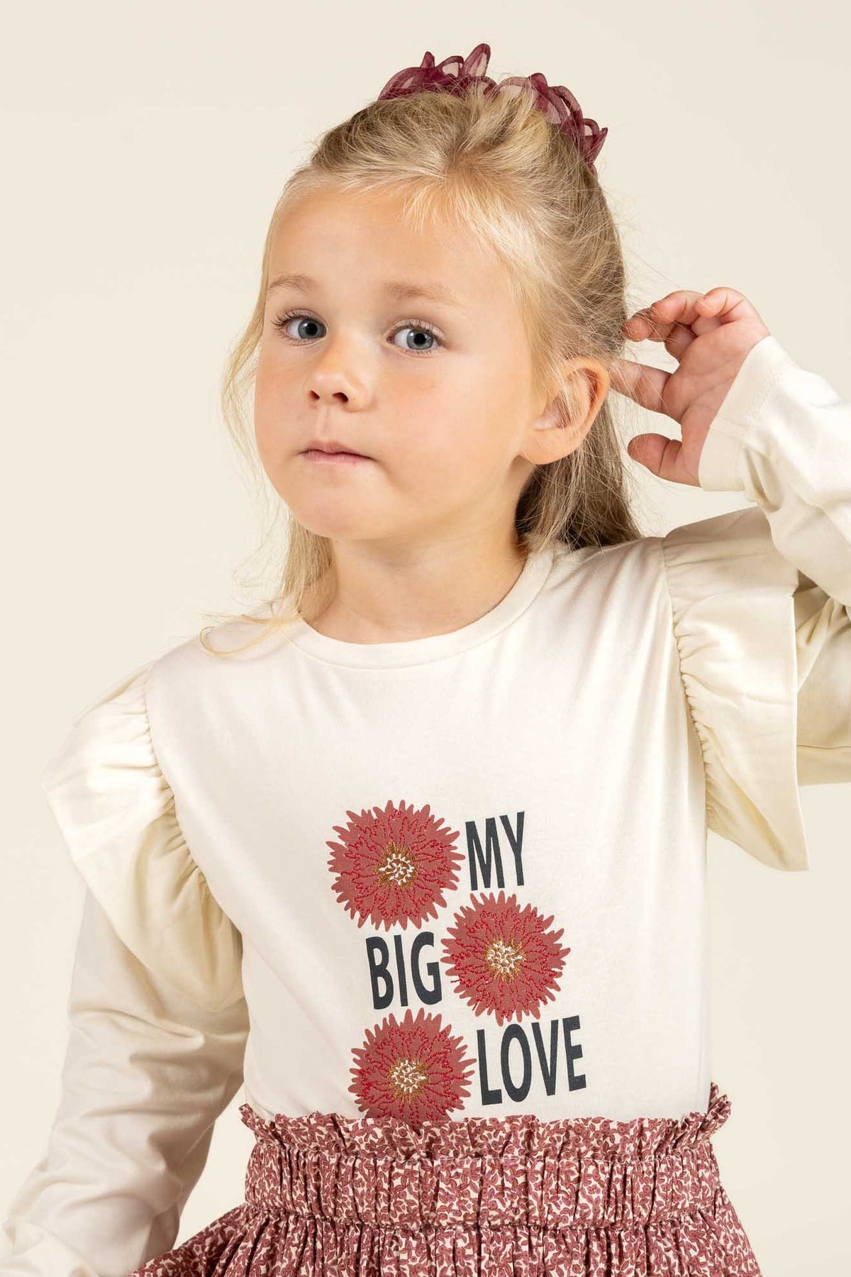 Frill Sleeve Jersey Blouse with Front print - Kids - Off White | 100844 Demi