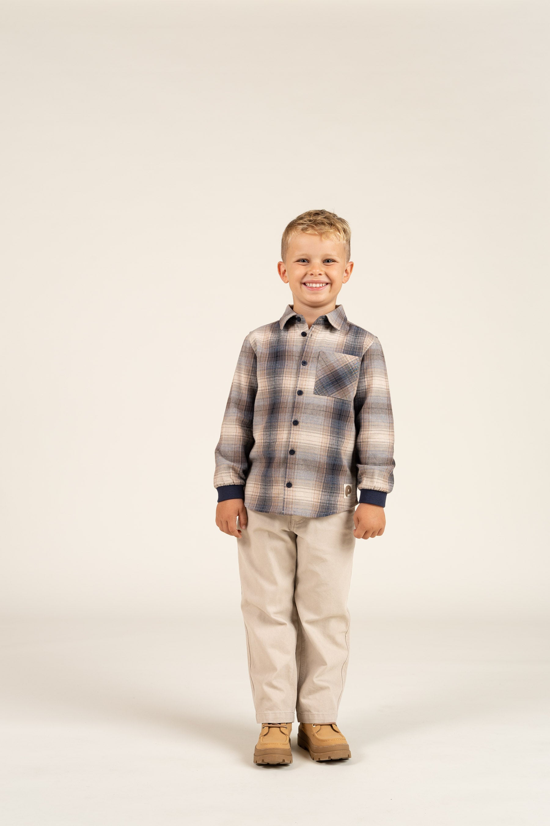 Checked Flannel Shirt with Rib Cuff - Kids - Brown Navy Check | 100529 Henry