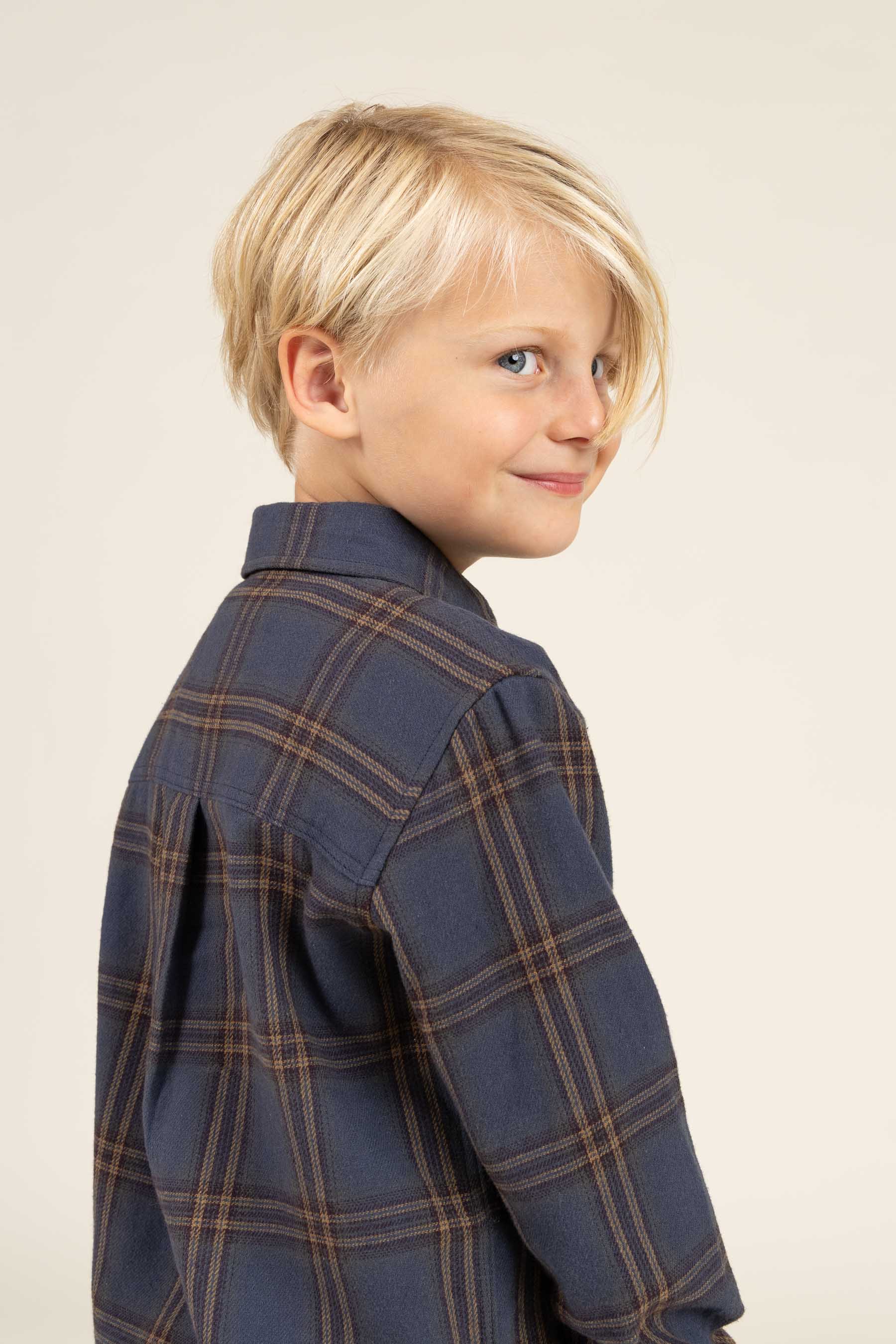 Checked Flannel Shirt with Rib Cuff - Kids - Navy Check | 100530 Henry