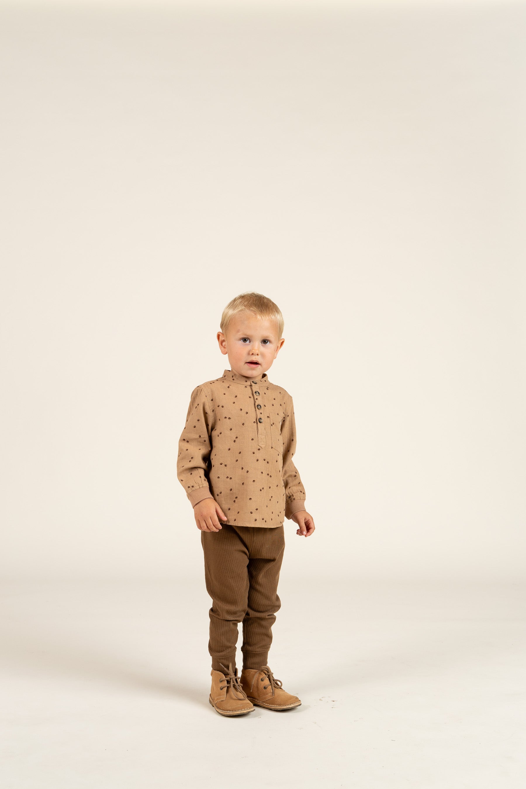 Herringbone Woven Cotton Shirt w/ Print - Kids - Light Brown | 100760 Edward