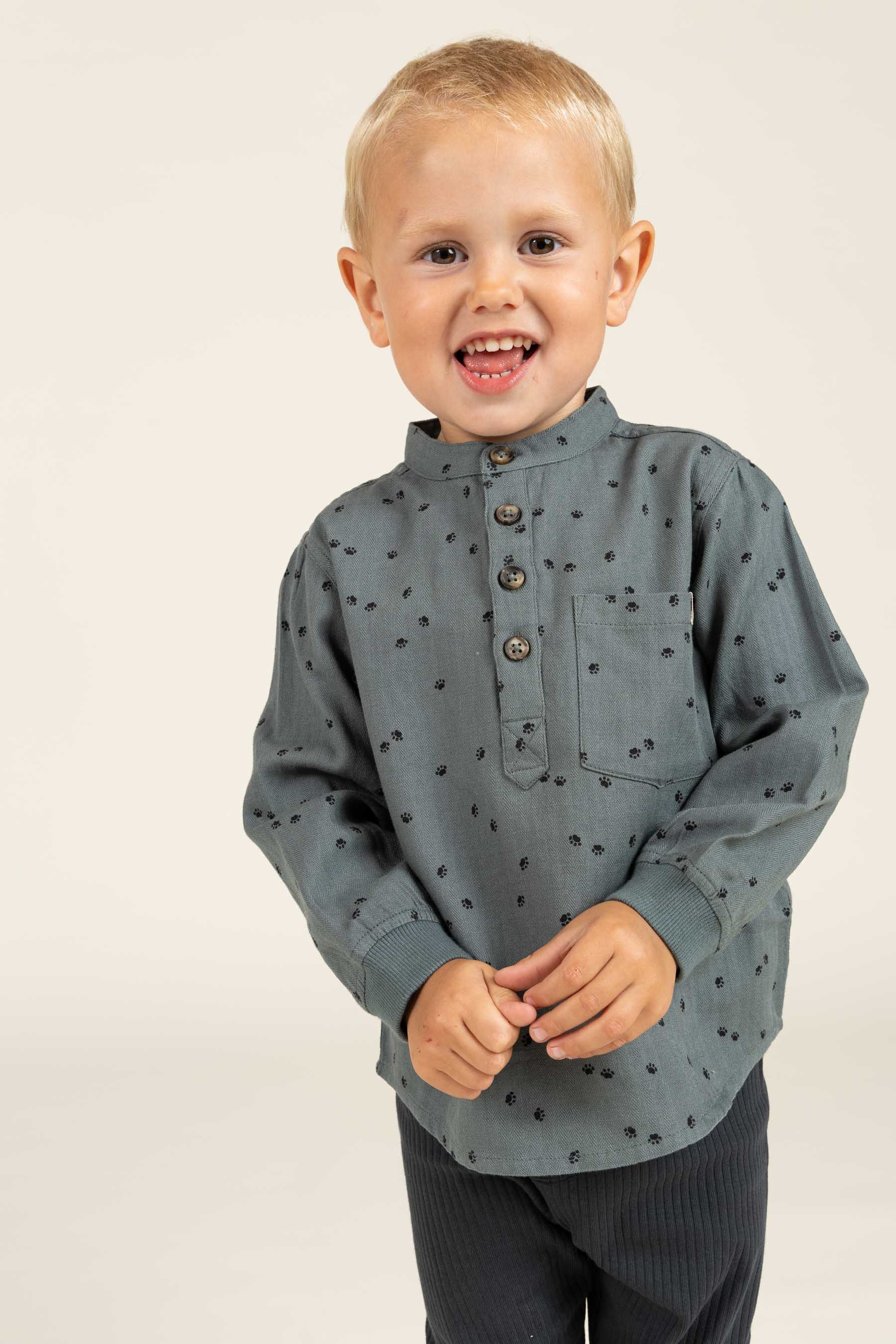 Herringbone Woven Cotton Shirt w/ Print - Kids - Dark Dusty Green | 100761 Edward