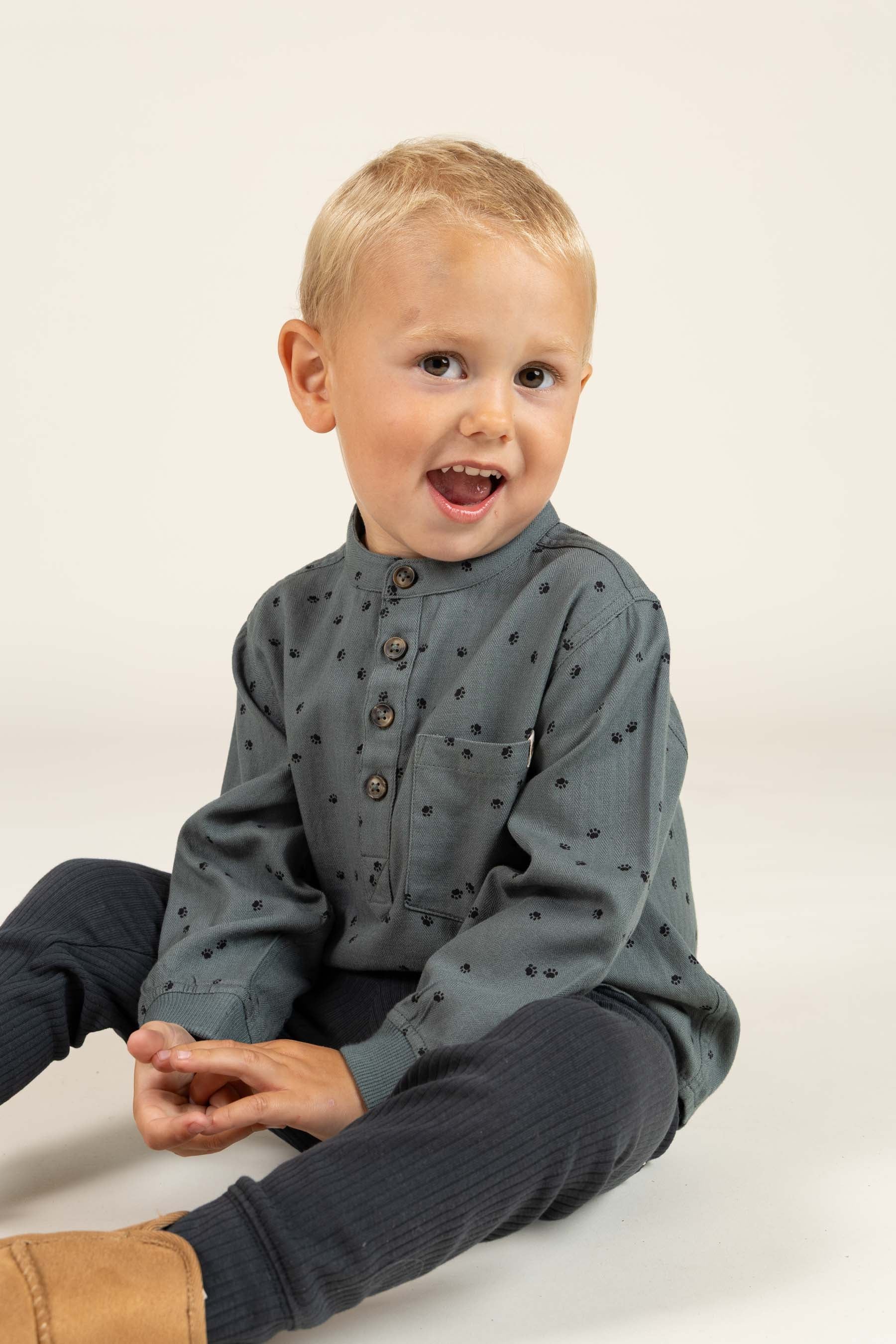 Herringbone Woven Cotton Shirt w/ Print - Kids - Dark Dusty Green | 100761 Edward