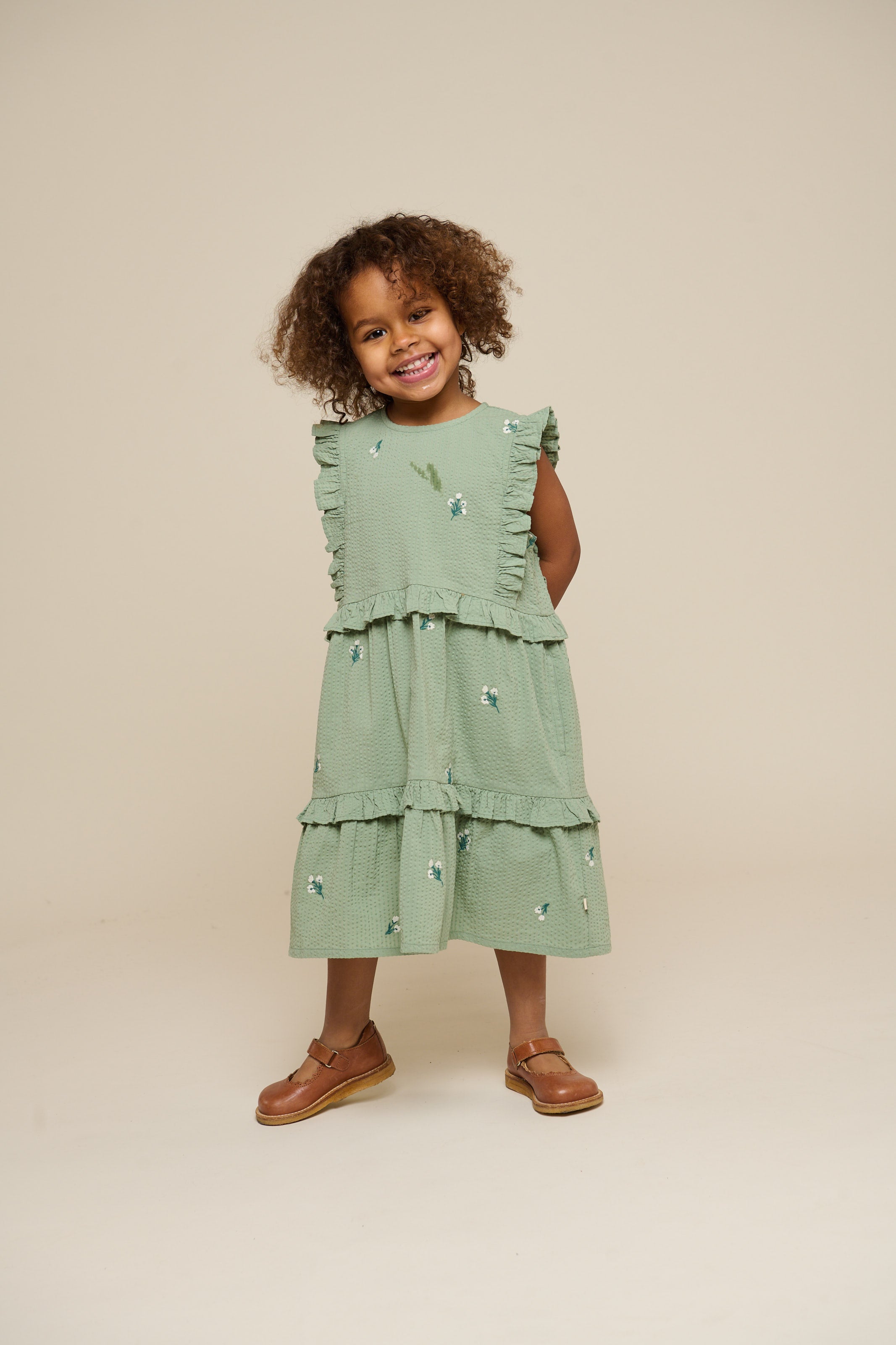 Embroidered Seersucker Dress - Kids - Dusty Green | 100976 Nora