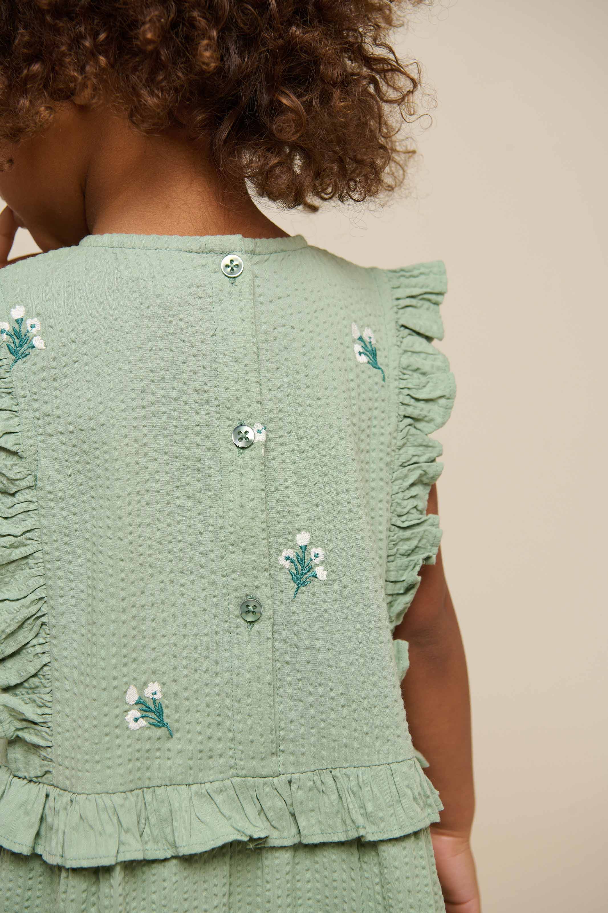 Embroidered Seersucker Dress - Kids - Dusty Green | 100976 Nora