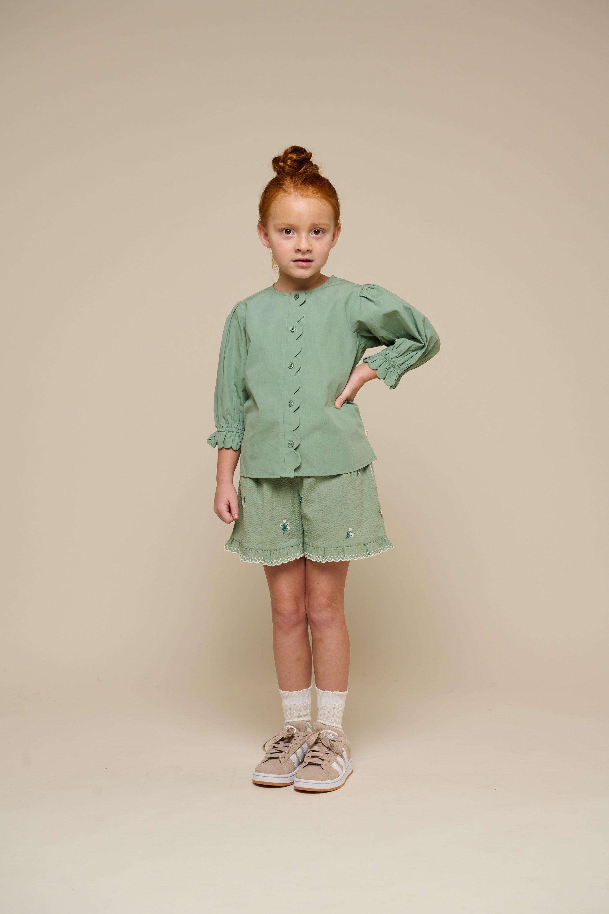 Embroidered Seersucker Shorts - Tween - Dusty Green | 100985 Nora