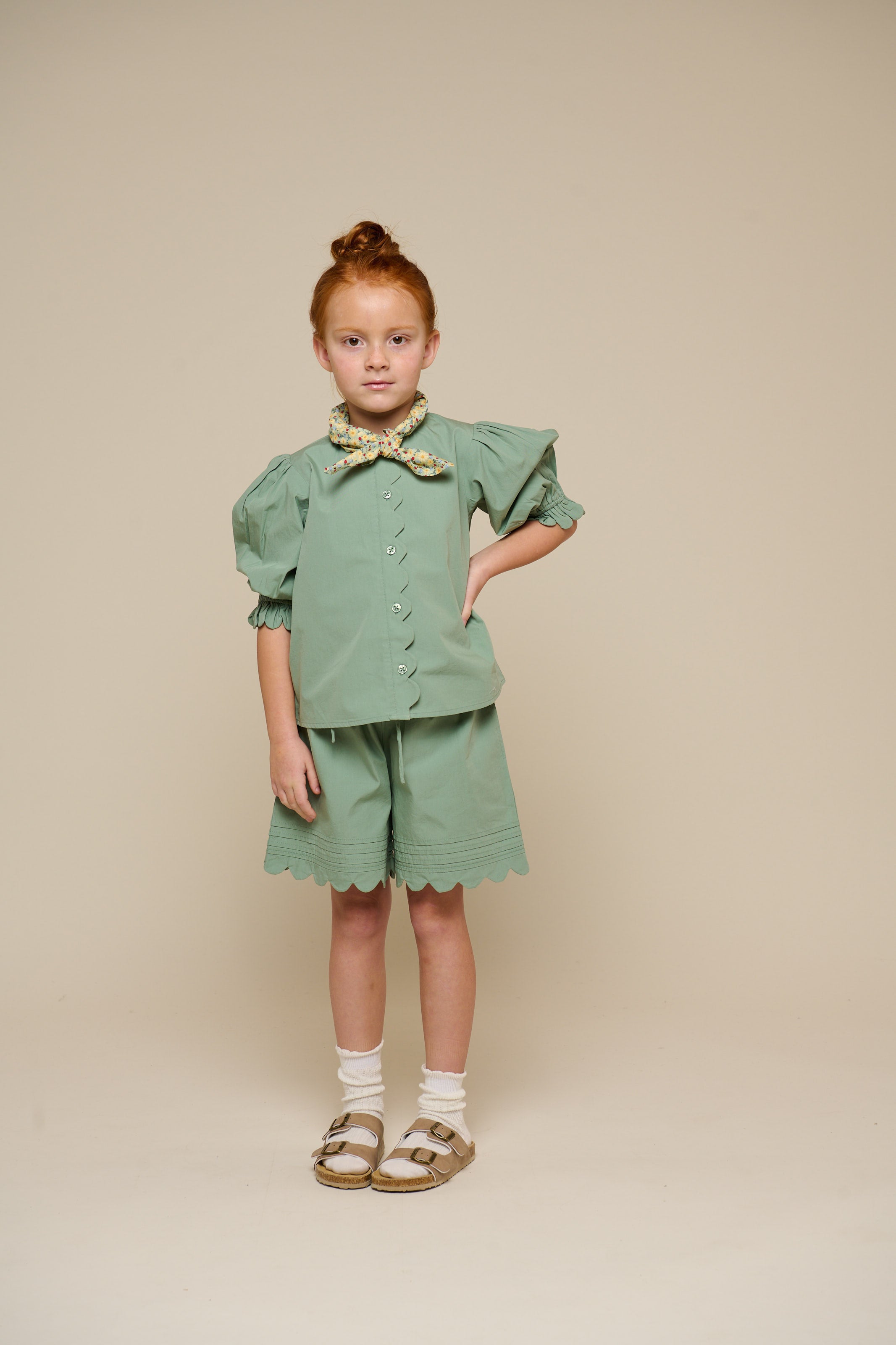Poplin Shorts with Scallop Edge - Tween - Dusty Green | 101076 Joy