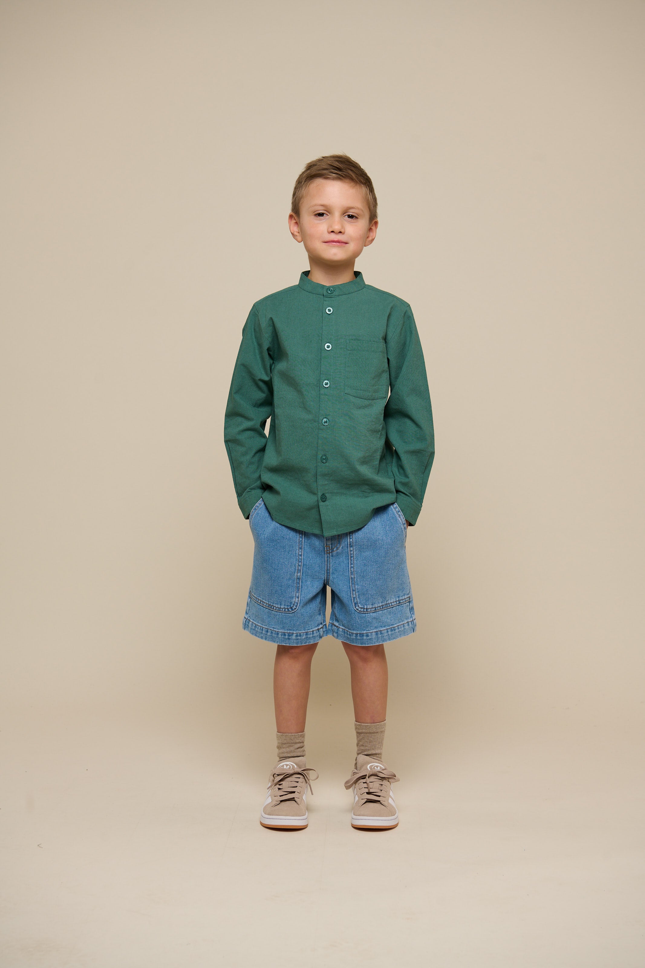 Linen Mix Mandarin Collar Shirt - Tween - Tropical Green | 101204 Lucca