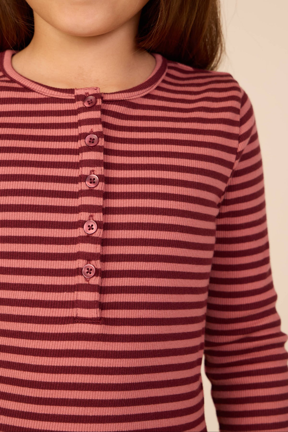 Striped Rib Long-Sleeve T-Shirt - Kids - Dusty Rose/Bordeaux | 101616 Gloria