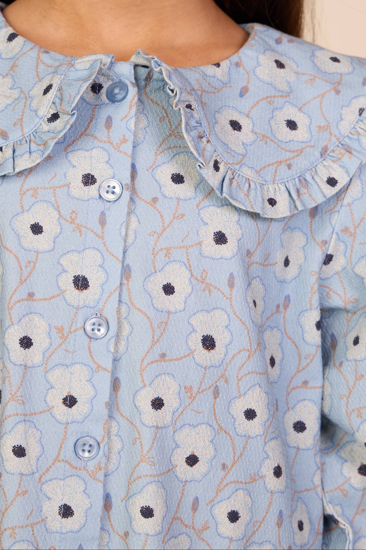 Floral Cotton Dress with Collar - Kids - Blue/Brown | 101427 Nova