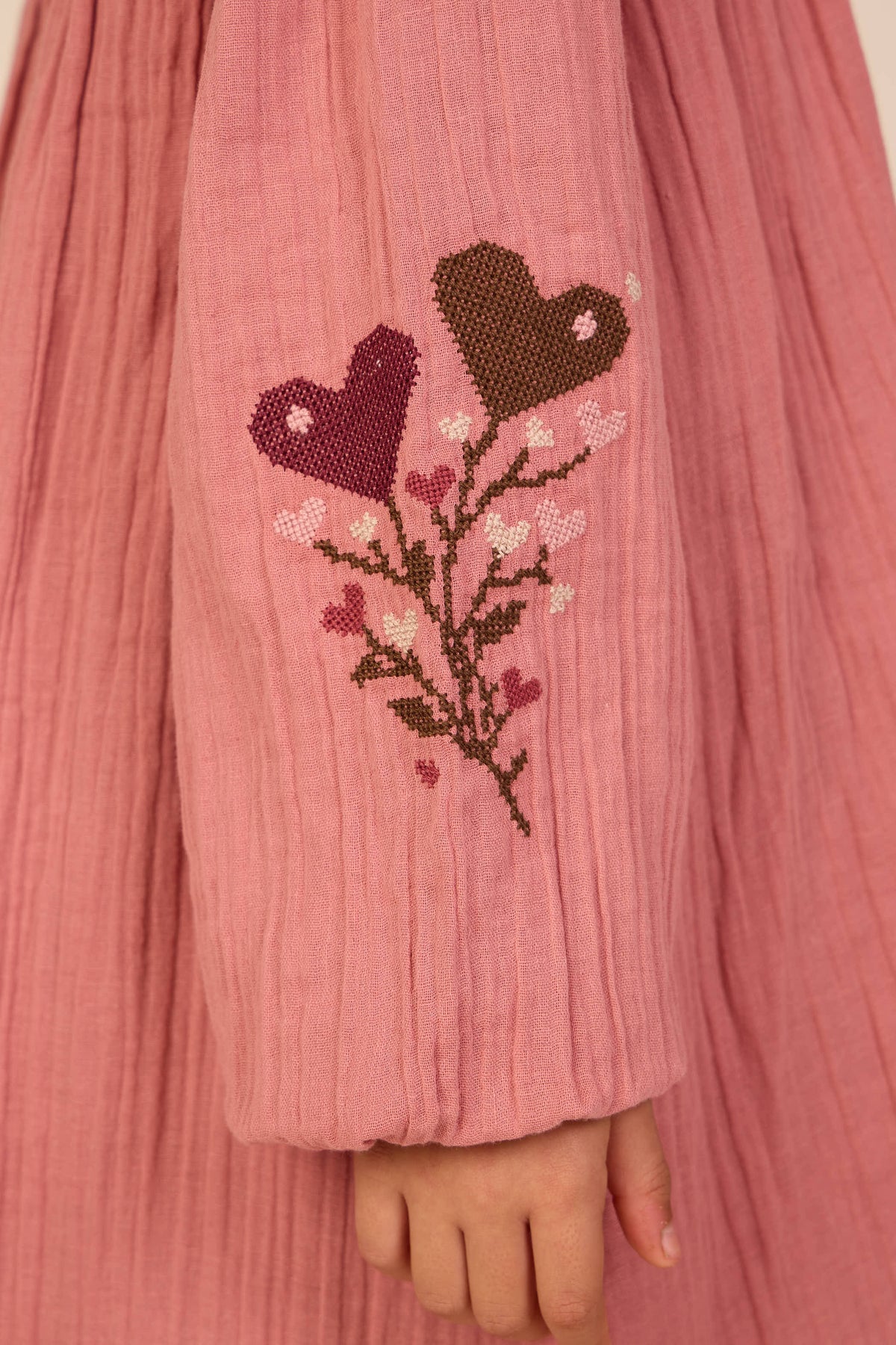 Cross-Stitch Double Gauze Dress - Kids - Dusty Rose | 101465 Laureen