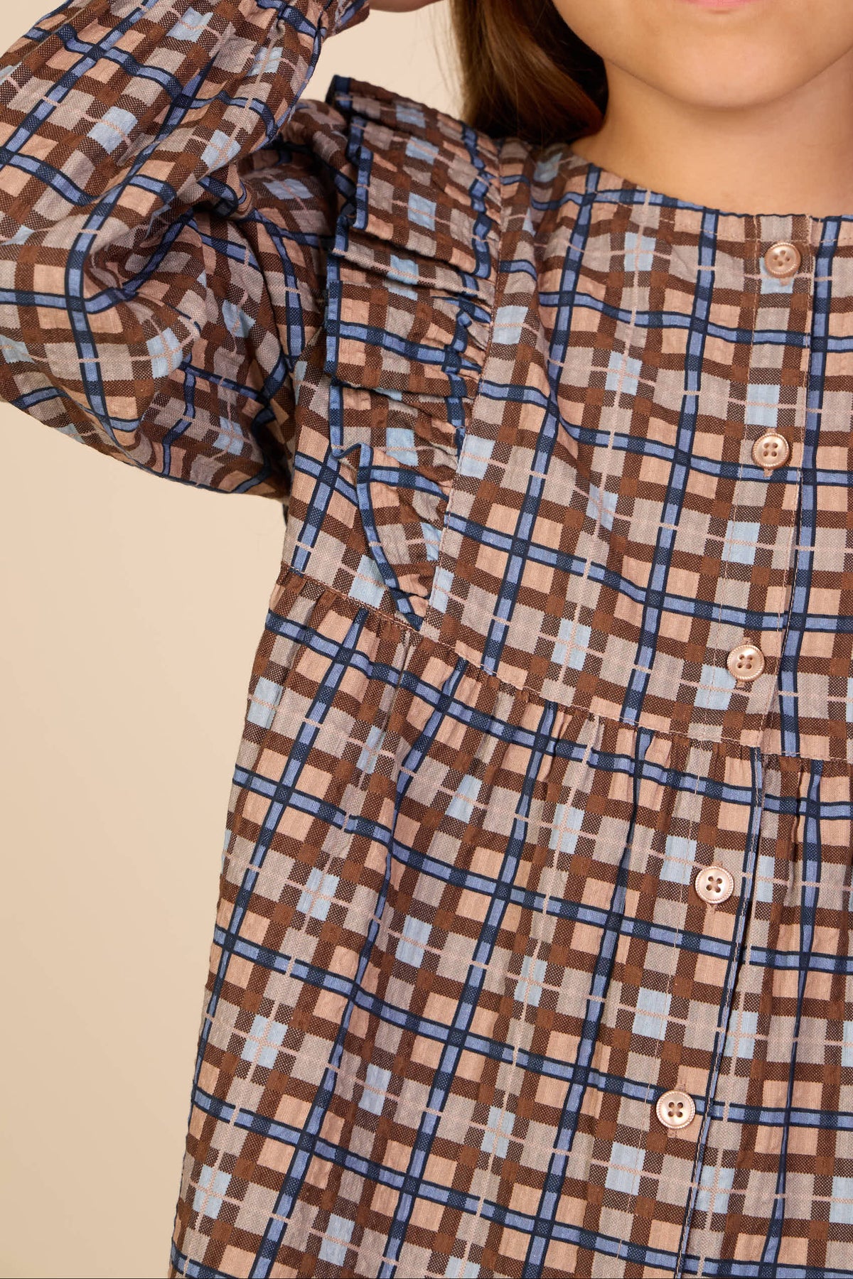 Checked Cotton Frill Blouse - Kids - Blue | 101495 Penny