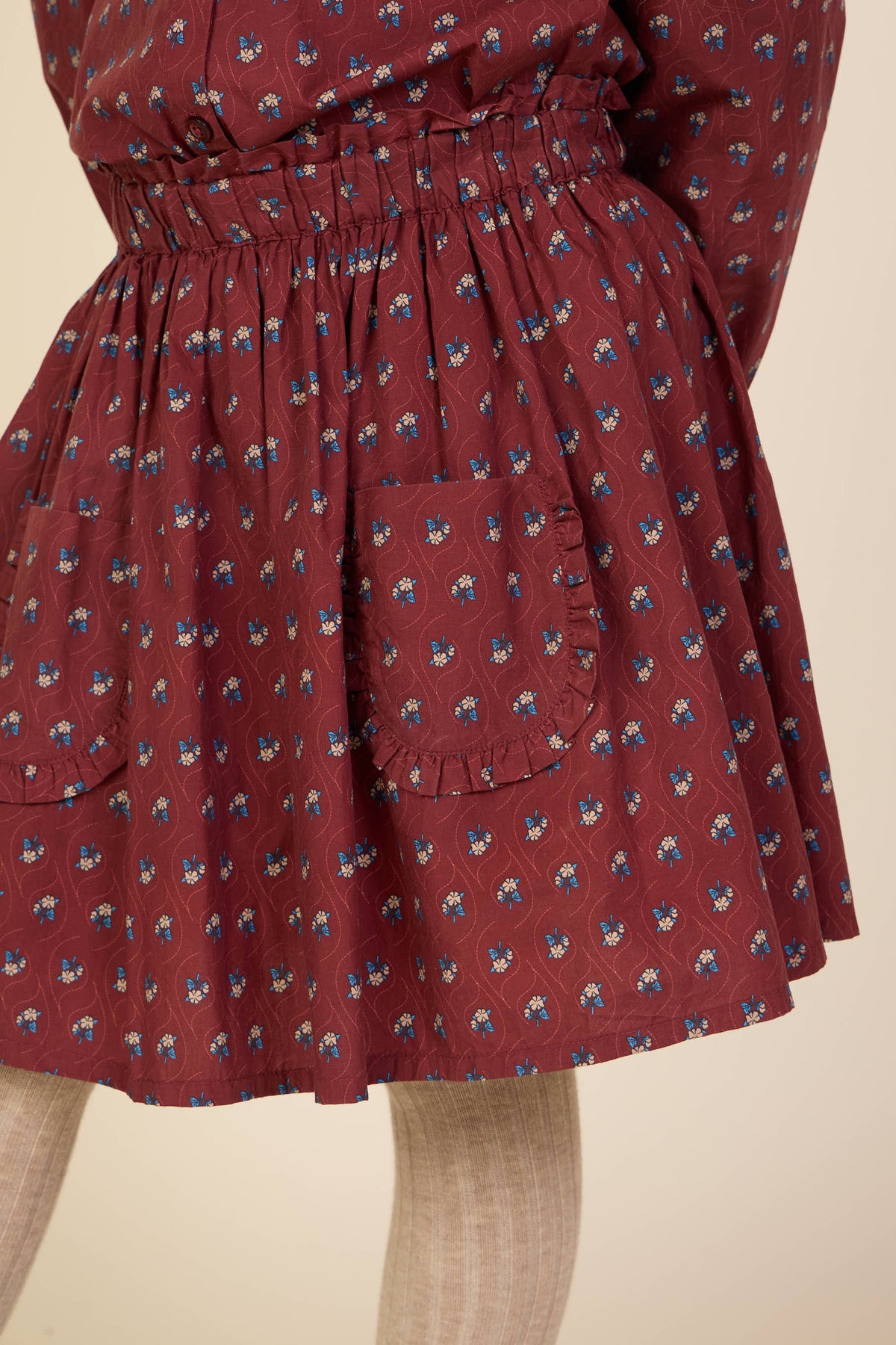 Frill Pocket Poplin Skirt - Kids - Bordeaux Flowerprint | 101447 Julia